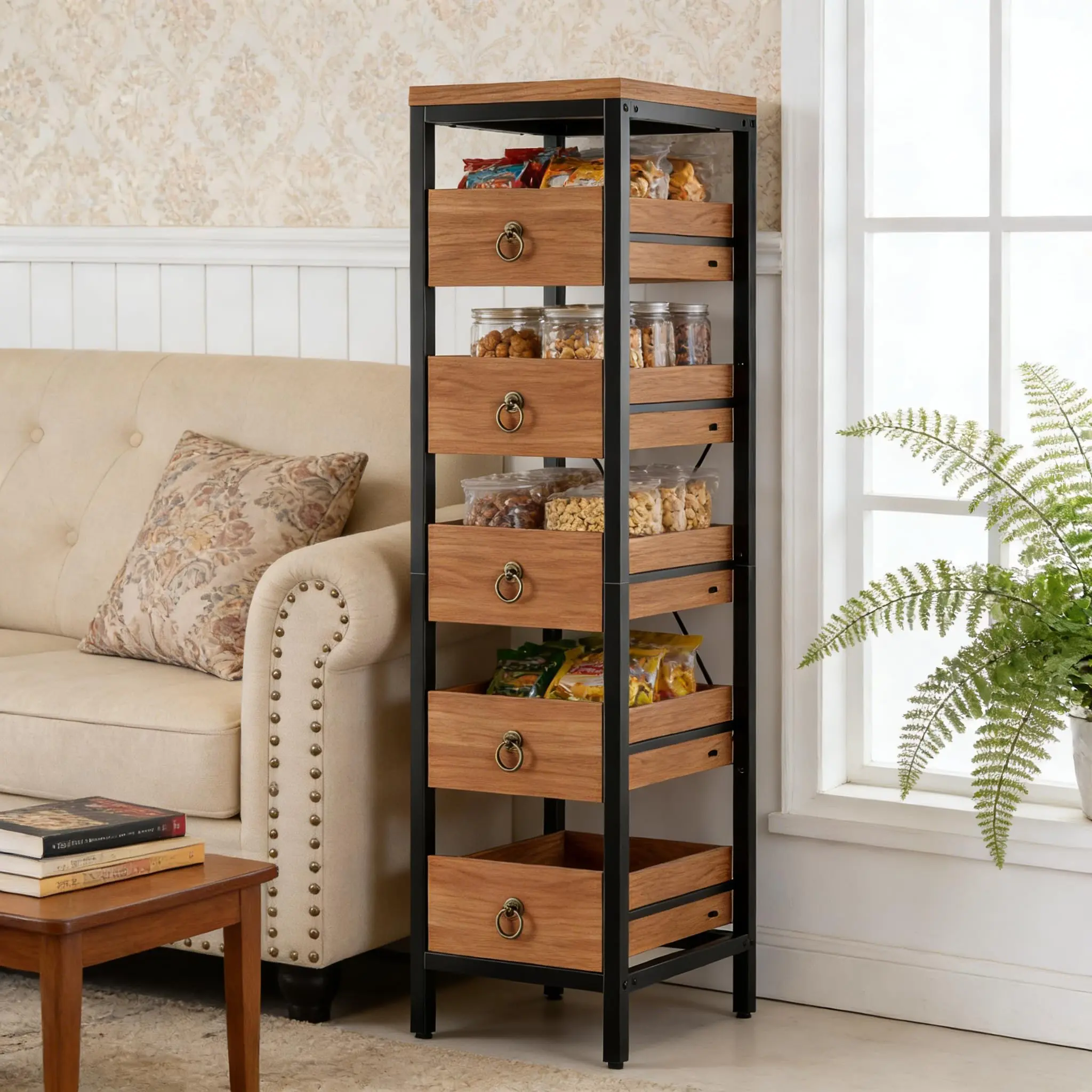 Garvee Kitchen Fruit Vegetable Storage Rack, 5-Tier Narrow Snack Fruit Display Stand with 5 Pull-Out Drawers Basket, Utility Organizer Standing Shelf for Kitchen Living Room Bathroom Supermarket, Walnut