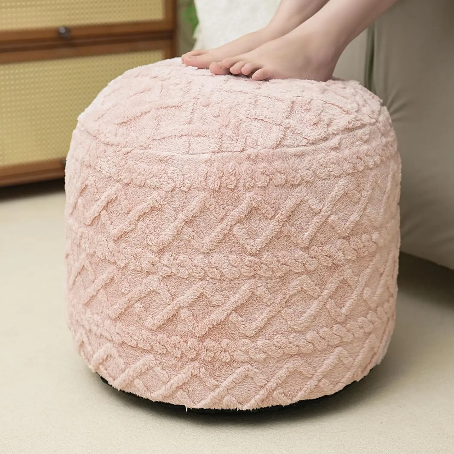 26" Pink Round Stuffed Pouf Ottoman, Corduroy Fluffy Furry Foot Stool with Foam Chunk Filling