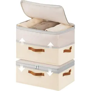 Large Closet Storage Bins - Compression Organizer Bins, Stackable Closet Organizer, Expandable Under Bed Storage Containers for Clothes, Towels, Sheet, 2 Pack, Beige