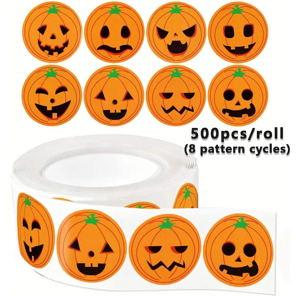 500pcs Halloween Pumpkin Stickers Roll, Pumpkin Face Stickers, Vintage Horror Decorations, DIY Art Craft Supplies, 2.5cm/1inch Size