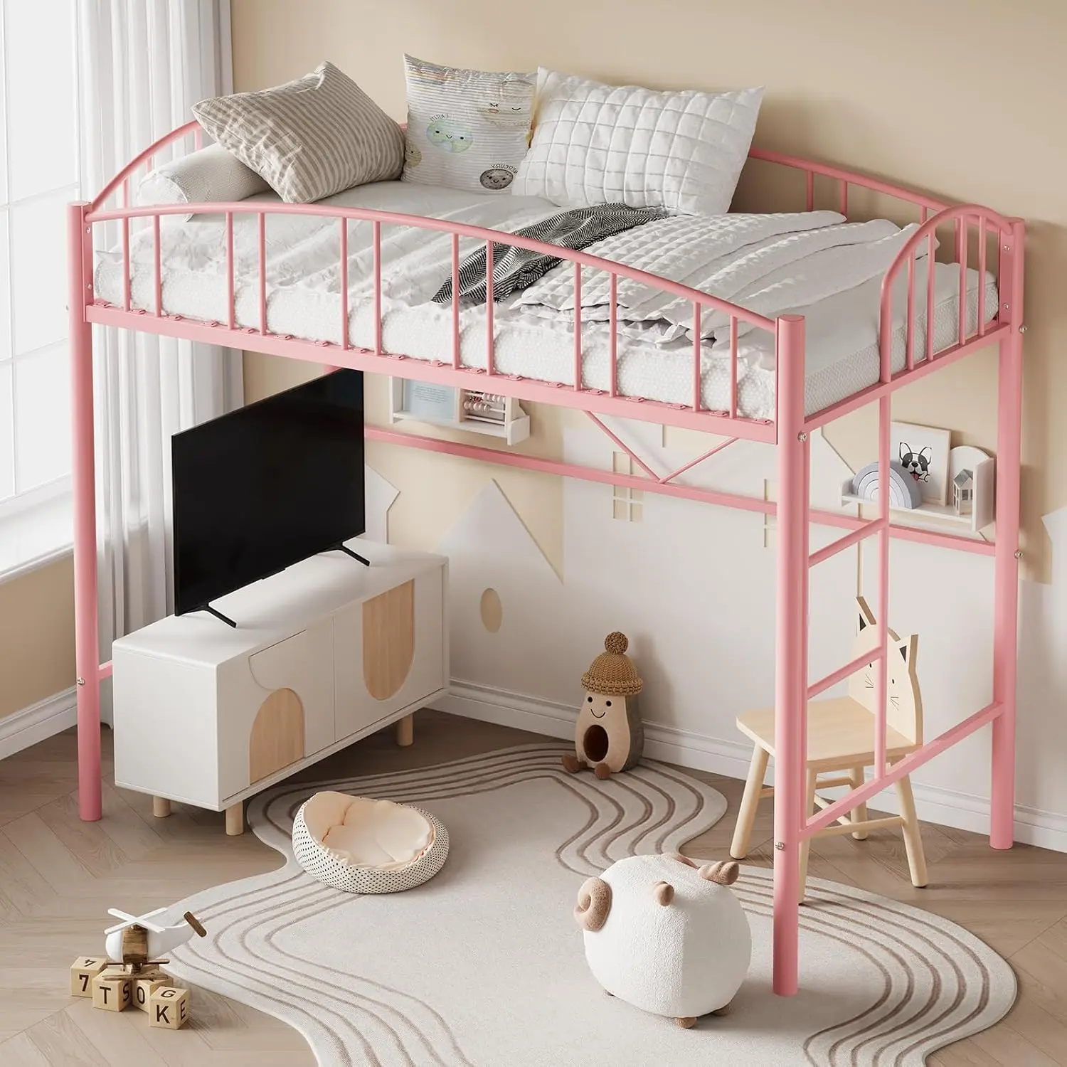 Twin Size Metal Loft Bed with Stairs, Arched Guardrail, Sturdy Slat Support, Space-Saving, Silent, No Box Spring Needed, Ideal for Kid Room & Dorm, Pink