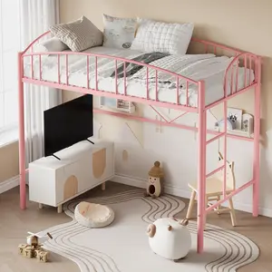 Loft Bed Twin Size with Stairs and Arched Guardrail, Sturdy Metal Slats Support, Space Saving, Noise Free, No Box Spring Needed, Ideal for Kid Room and Dorm, Pink