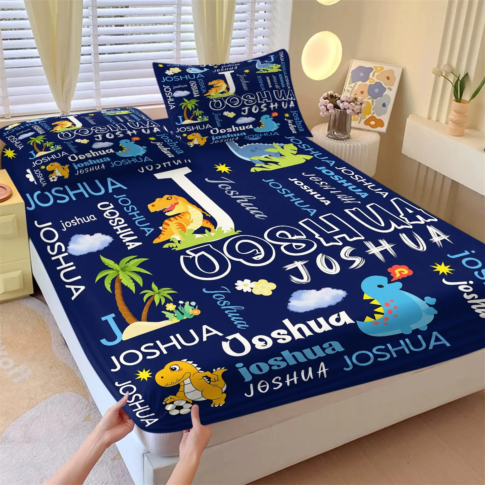 Cartoon Dinosaur Fitted Sheet Set, 1 Fitted Sheet & 2 Pillowcase No Filling, Soft Microfiber Bed Sheets Set, Deep Pocket Design All Season, Gift for Boys Kids Bedroom Decor