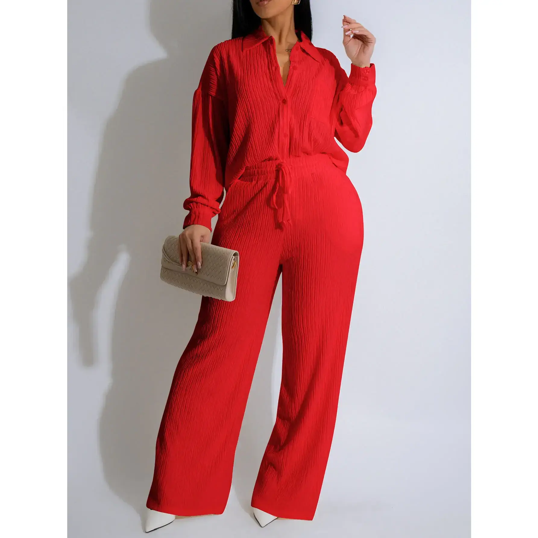Women's Long Sleeve Textured Pleated Collared Button-Down Shirt & Drawstring High-Waist Wide-Leg Pants 2-Piece Matching Set, Solid Color, Tall Girl-Friendly Women's Clothing for Casual Office Use, 2 Piece Sets