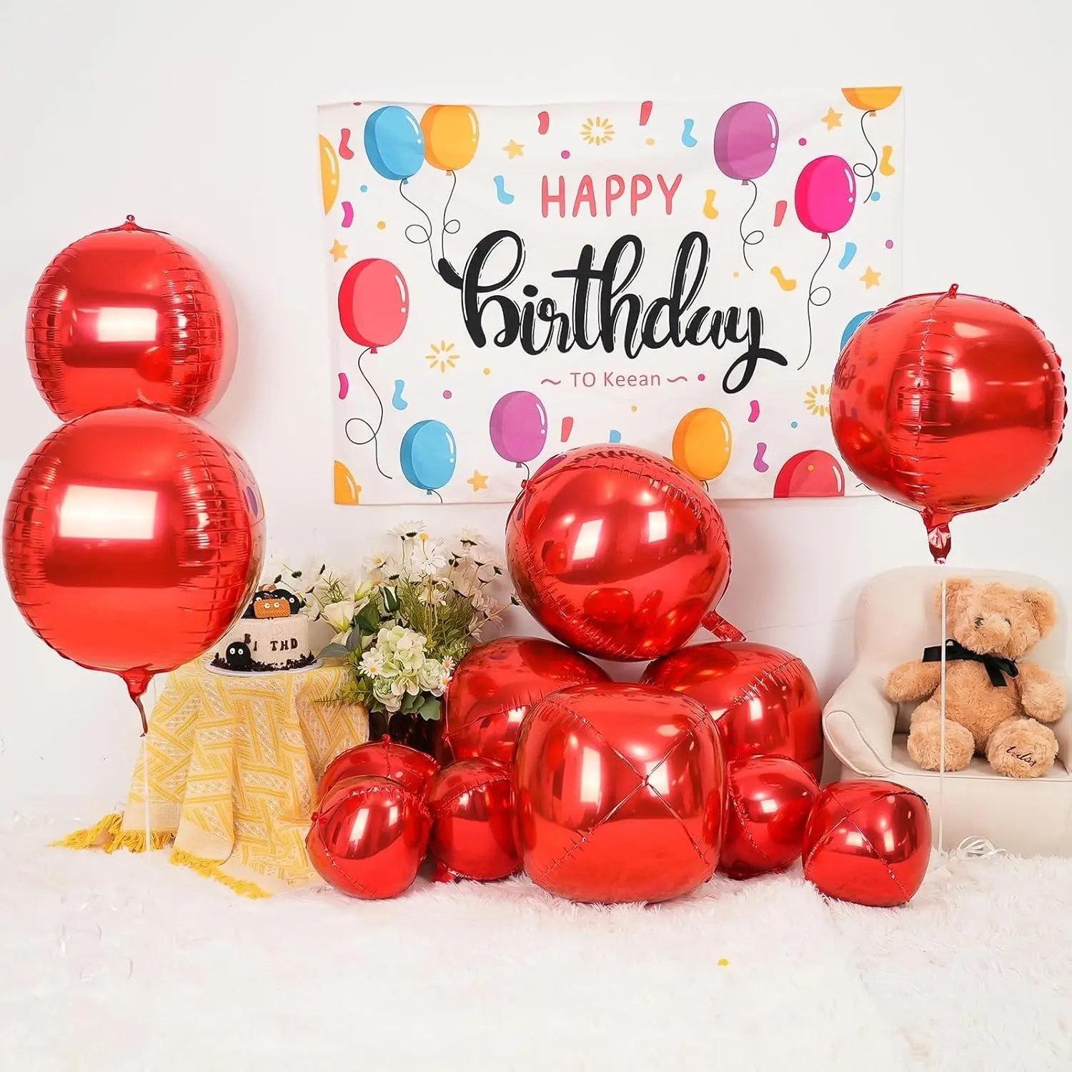 12Pcs Red Round Foil Balloons, 22" 15" 10" 4D Ball Balloons, Metallic Red Foil Balloon for Mother's Day Grandmother Birthday Graduation Christmas Wedding Party Decoration Supplies Balloon Decorations Backdrops