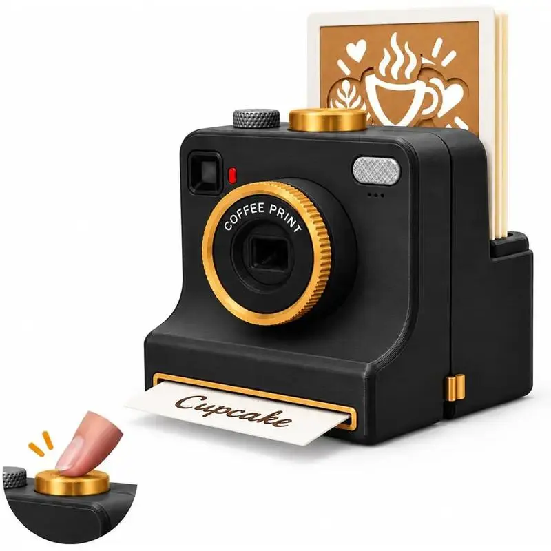 3D Printed Coffee Latte Art Stencil Printer, Camera-Shaped Cocoa Powder Decorating Tool with Reusable Pattern Cards, One-Press Coffee Art Maker for Cappuccino & Latte