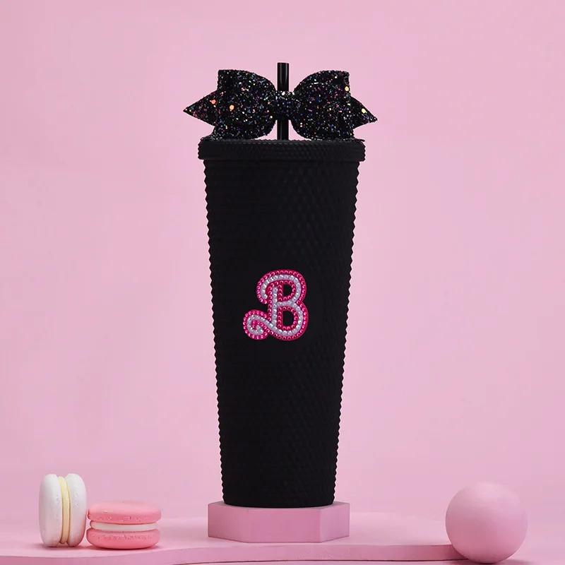 24oz Pretty Pink Studded Logo Tumbler with Matching Straw 710ml Gradient Hand Cup Double-layer Plastic Insulated Drinkware
