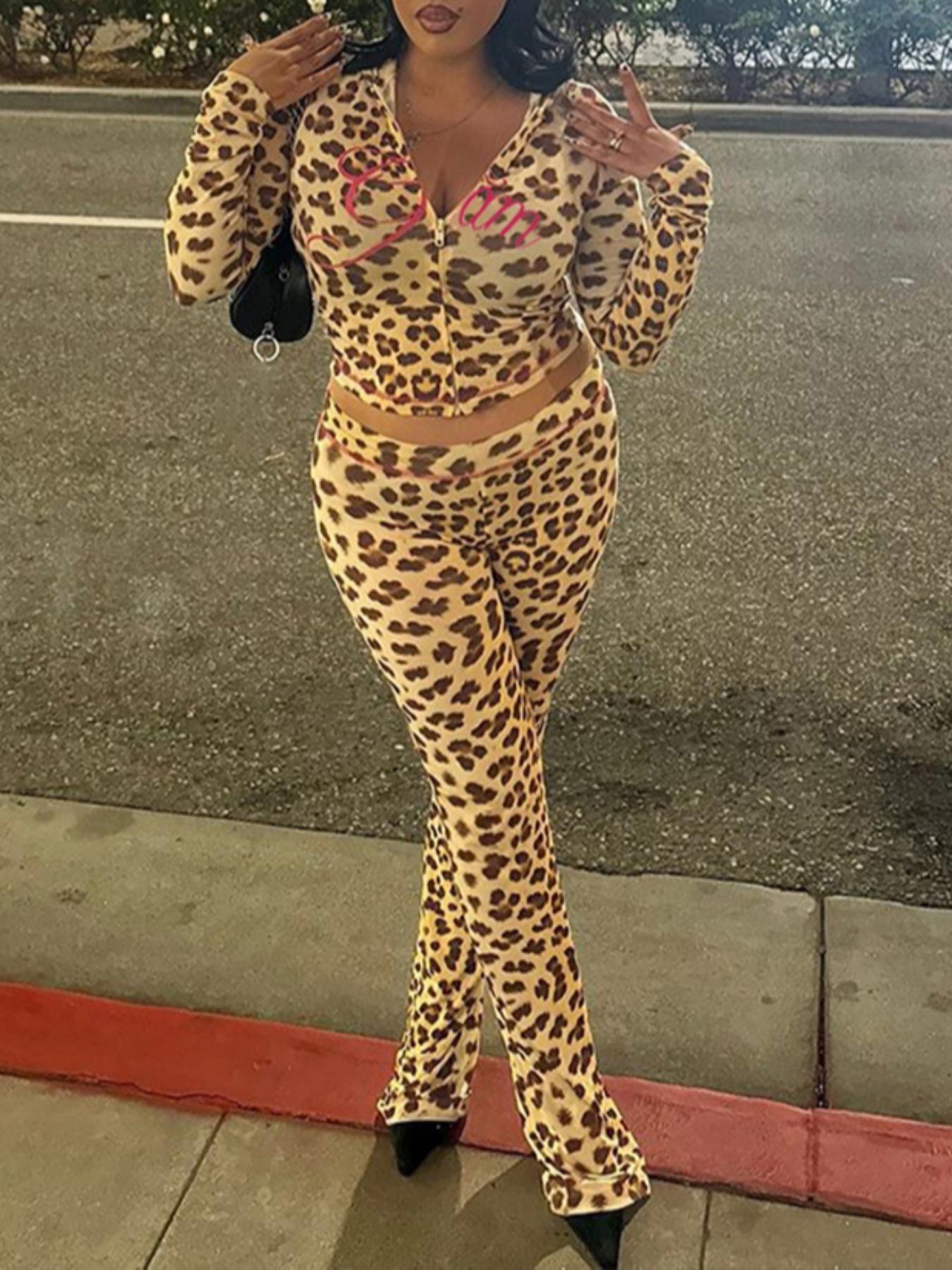 Two-piece Set Women's Leopard Letter Print Zip Up Crop Hoodie & High Waist Skinny Pants, Matching Sets, Casual Fashion Cozy Breathable Two Piece Outfits for Daily Outdoor Wear, Women Long Sleeve Clothes for Fall & Winter, Lady Womenswear, Boss Babe Outfit