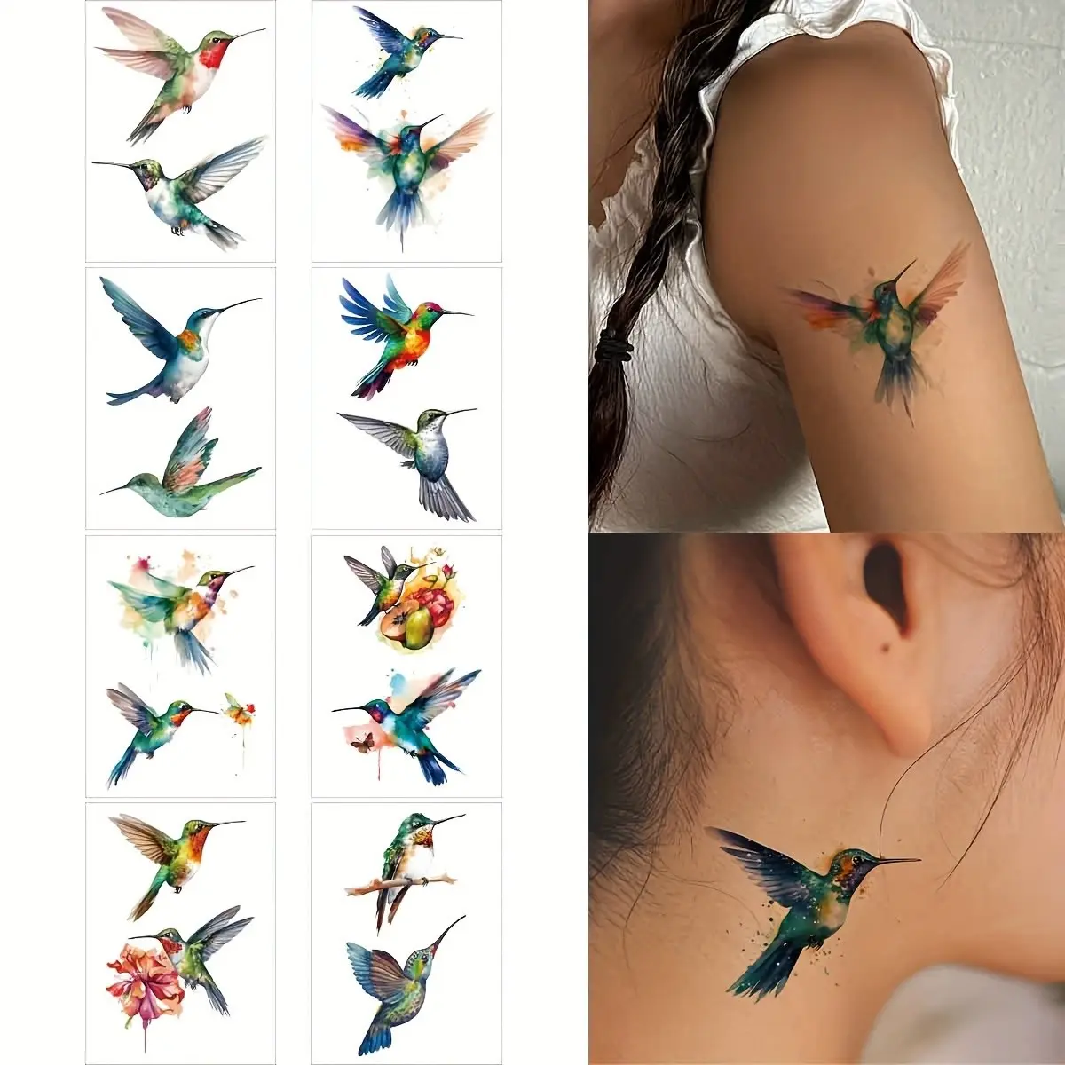 8-Pack Temporary Tattoo Stickers, Dynamic Bird Design, Long-Lasting 1-2 Weeks, Waterproof Sweatproof, Realistic Effect, No Glue Needed