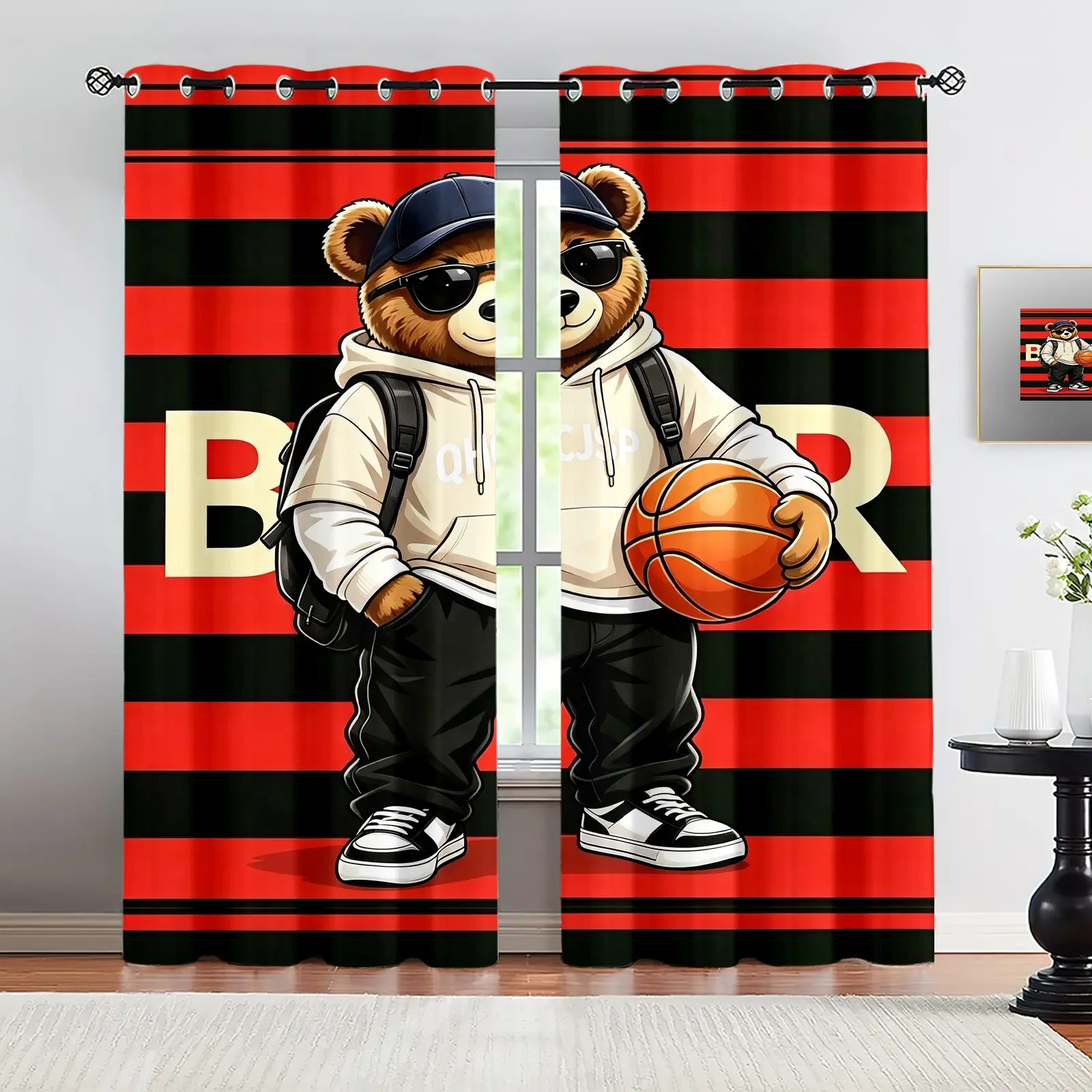 Bear pattern, 2 pieces of curtain set, Ready Made Curtains, suitable for living room, balcony, and bedroom windows, perfect for home, seasonal, holiday room decoration