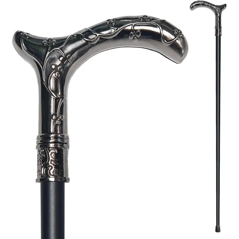 Heavy-Duty Walking Stick, 500+ lbs Capacity, Ergonomic Handle, Gothic Ornate Black & Silver Anti-Rust Metal Design, Arthritis Relief Mobility Aid, Canes for Seniors, Black Metal Hiking Sticks, Elegant Durable Hiking Support