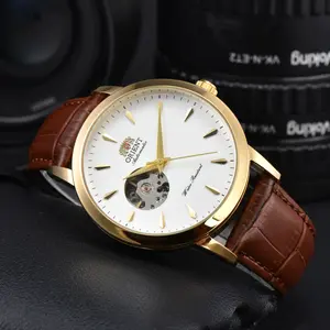 Time Banquet Orient Open Heart Automatic Mechanical Watch for Men, Gold Case, Crocodile-Textured Leather Strap, Skeleton Dial, Water Resistant, Elegant Dress Watch for Business Work & Gifts