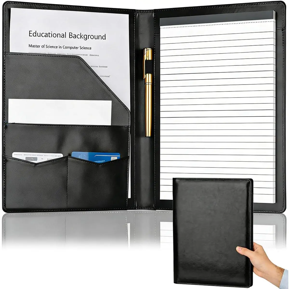 Padfolio Portfolio Binder, Faux Leather Folio Folder Organizer, Black | Professional, Interview, Resume, Letter Size, A4 Legal Writing Pad, Document Organizer, Business Card Holder, Office