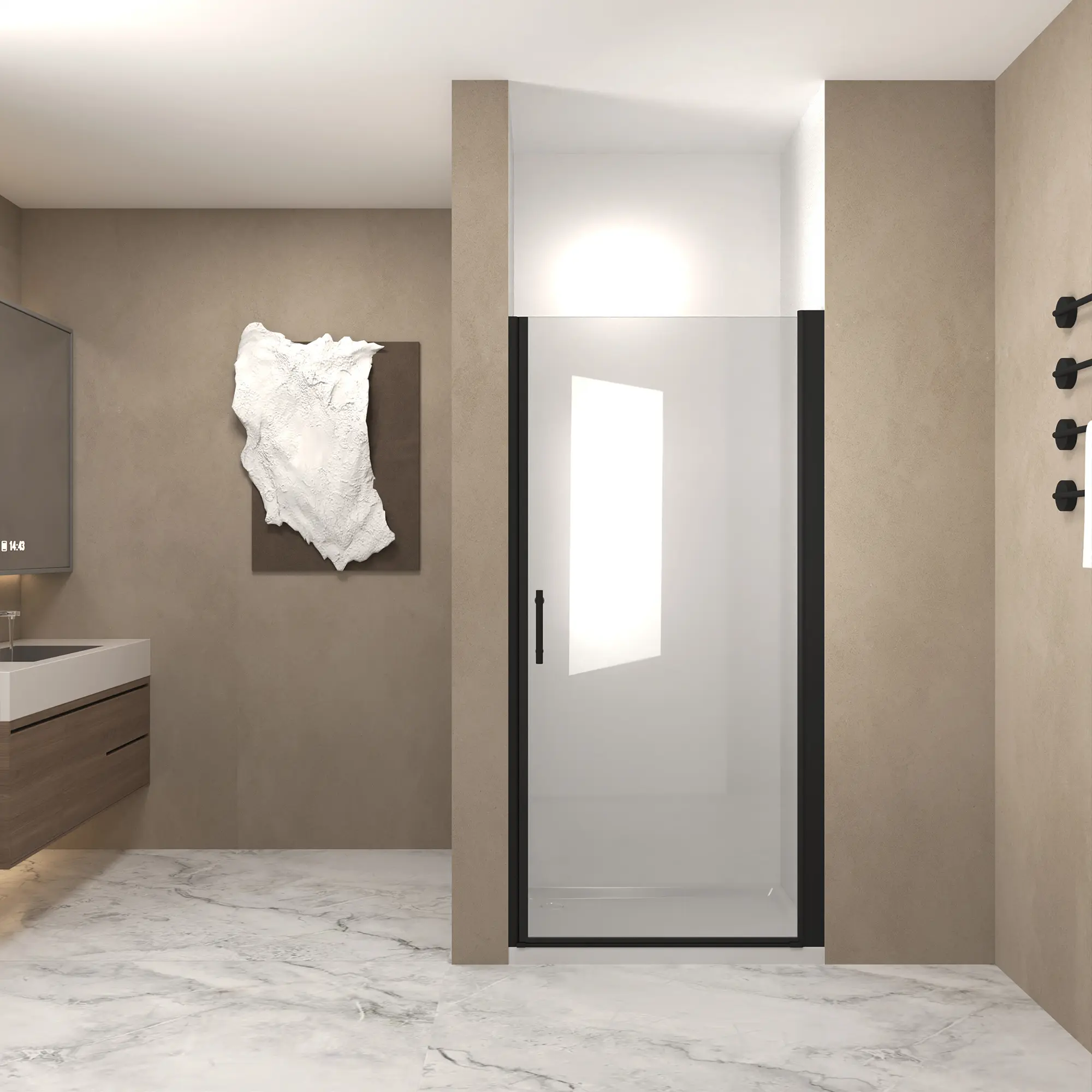 ARCH 34 x 72 Inch Pivot Shower Door Matte Black Aluminum Frame Half Frame 1/4 Inch 6mm Tempered Glass with Explosion Proof Film Safety Film Protection Stainless Steel Handle Swinging Door Design for Bathroom Wet Dry Separation, Matte Black Color Opti