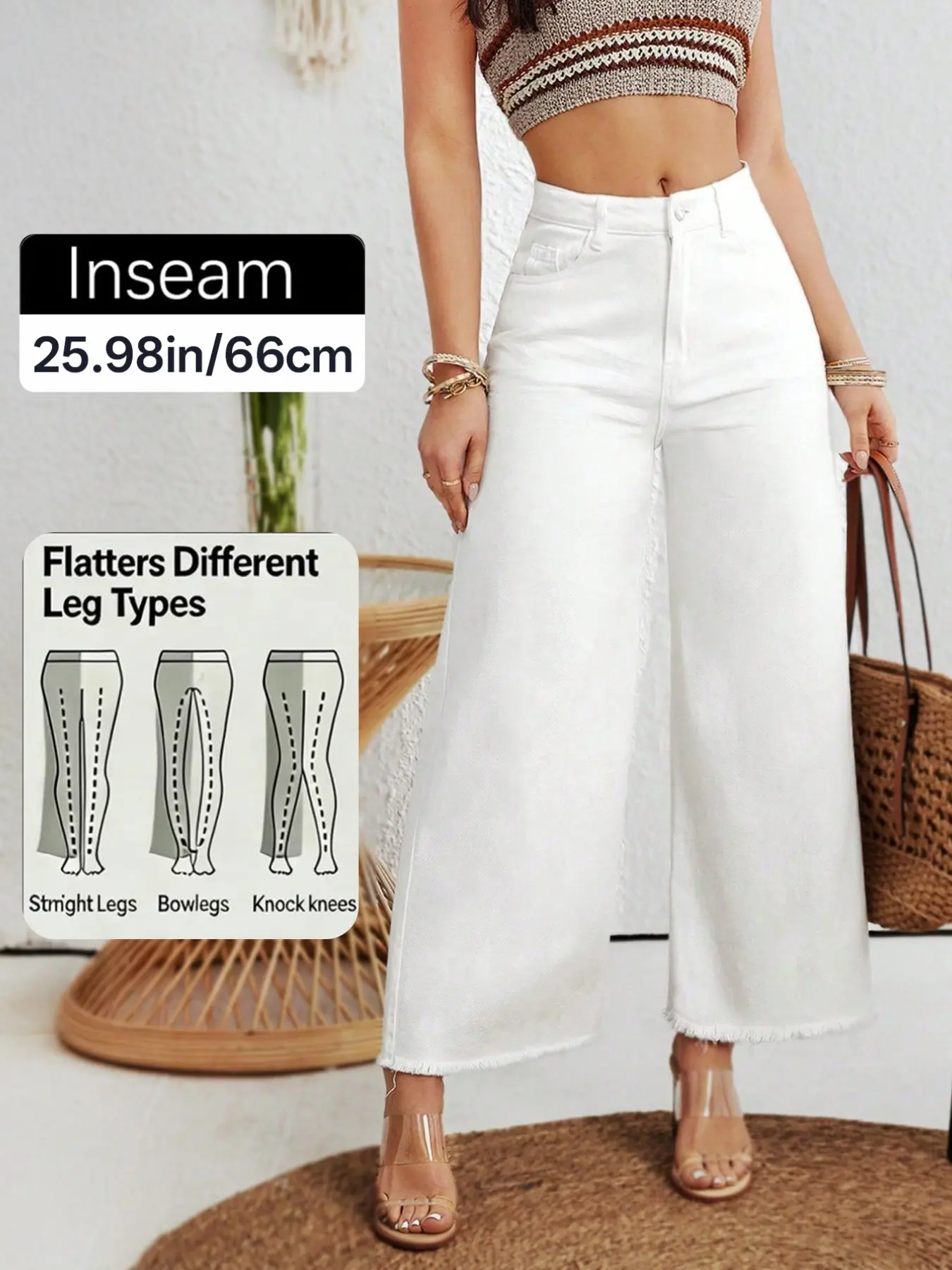 Women's High-Waisted Wide-Leg White Jeans, Loose Fit Midi Skirt-Style Denim Jeans with Fringe Hem, Casual Fall Essential