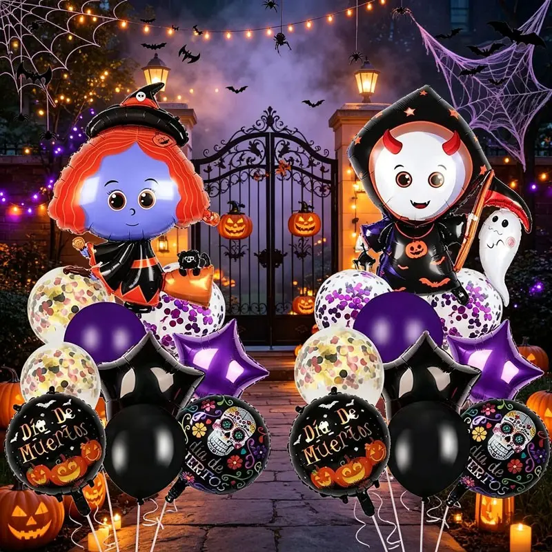 22-Piece Halloween Witch Balloon Bouquet Set，Witch Ghost Star Alum Foil, Black, purple, glitter balloons，Suitable for children's Halloween trick-or-treating decorations, Halloween yard-side decorations, Day of the Dead home altar decorations