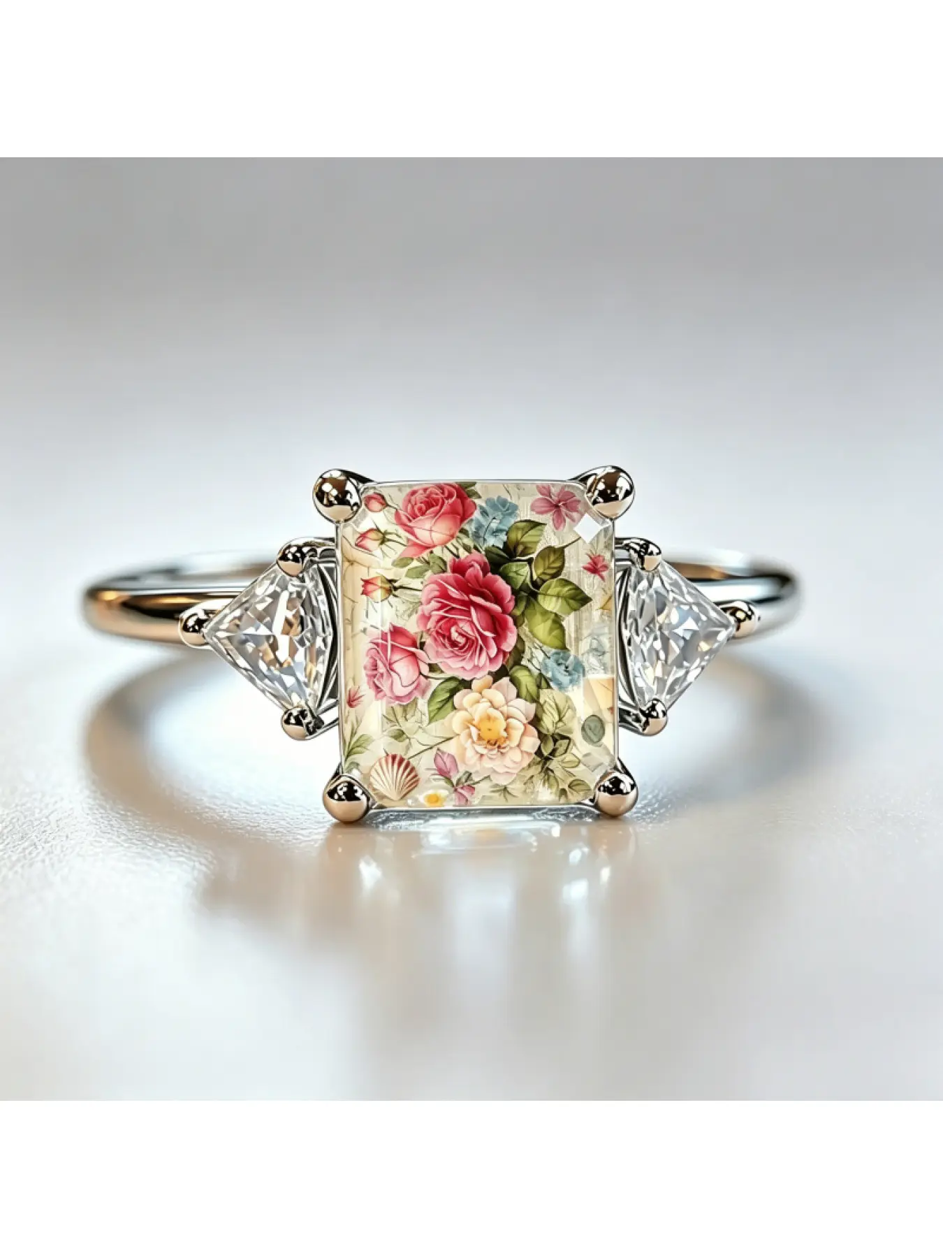 Vintage Distressed Colorful Rose Floral Square Printed Ring, Flower Ring, Pastoral Style Fashion Accessory For Daily Commute Matching, Perfect Keepsake Gift For Mothers, Girlfriends And Lovers On Mother's Day And Valentine's