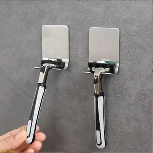 2/3 Counts Metal Adhesive Hook - Punch-Free Self-Adhesive Stainless Steel Wall-Mounted Razor Holder, Rustproof Space-Saving Bathroom Storage Organizer, Long-Lasting Use Accessory for Shaving Razors & Small Toiletries