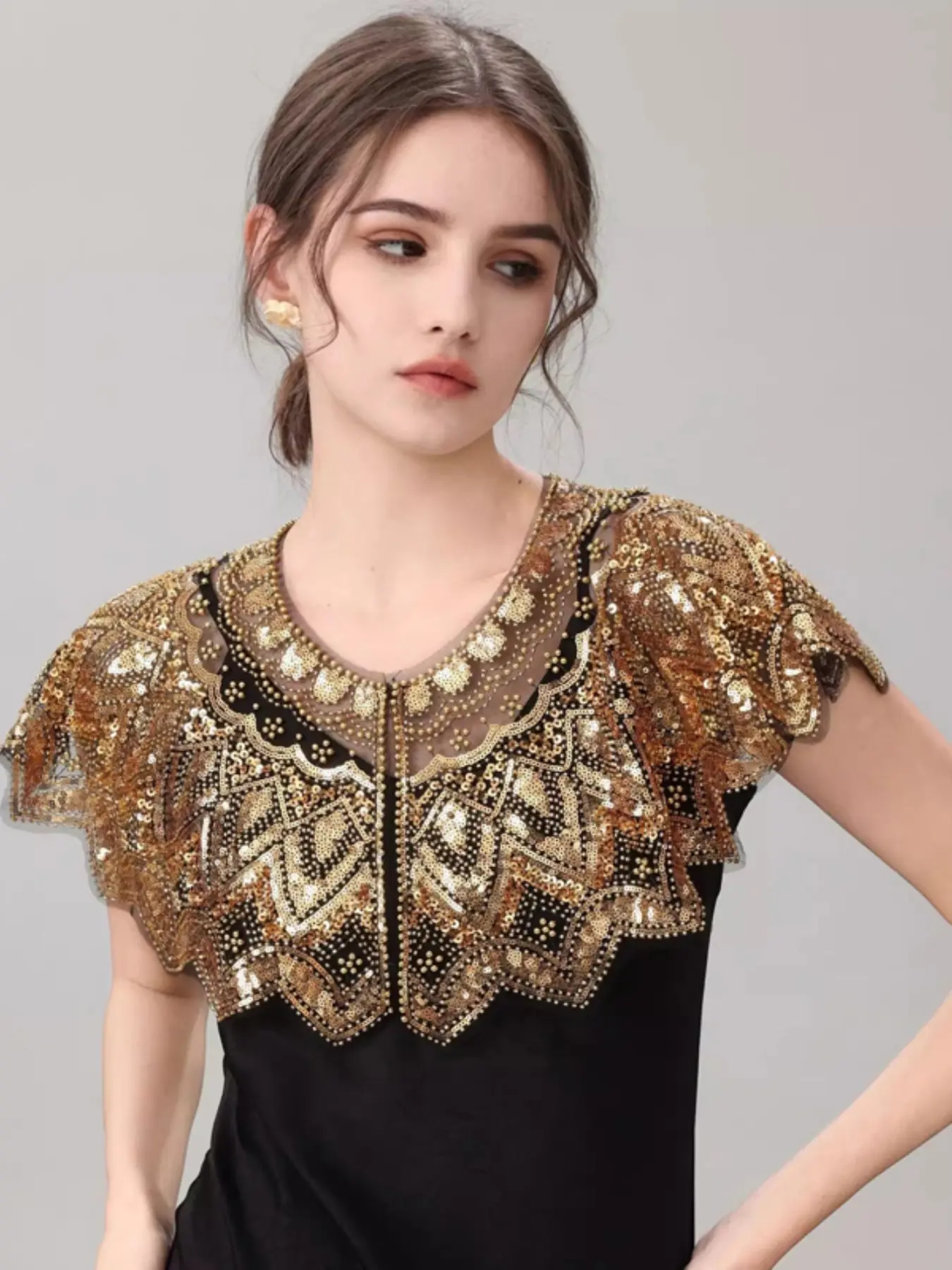 New Women's Sequin Shawl, Short Bolero Jacket, Vintage Evening Gown Outerwear, Party Style, Chic, Slim-Fitting, All Seasons