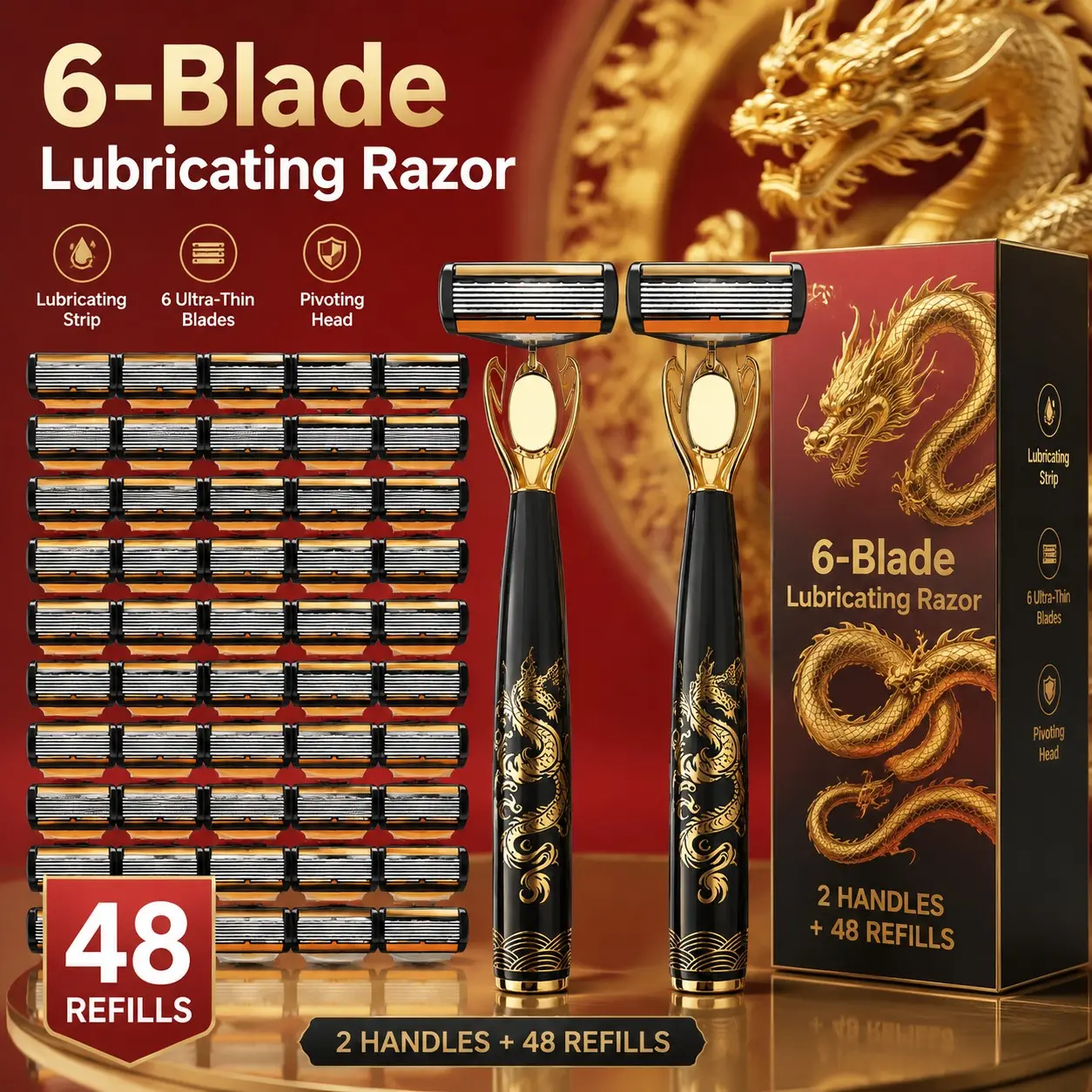 Luxury High-Quality Men's Razor, 2 Non-Slip Handles, 48 Replaceable Blades, Stainless Steel, Smooth Shaving, Gradual Men's Shaving Tool
