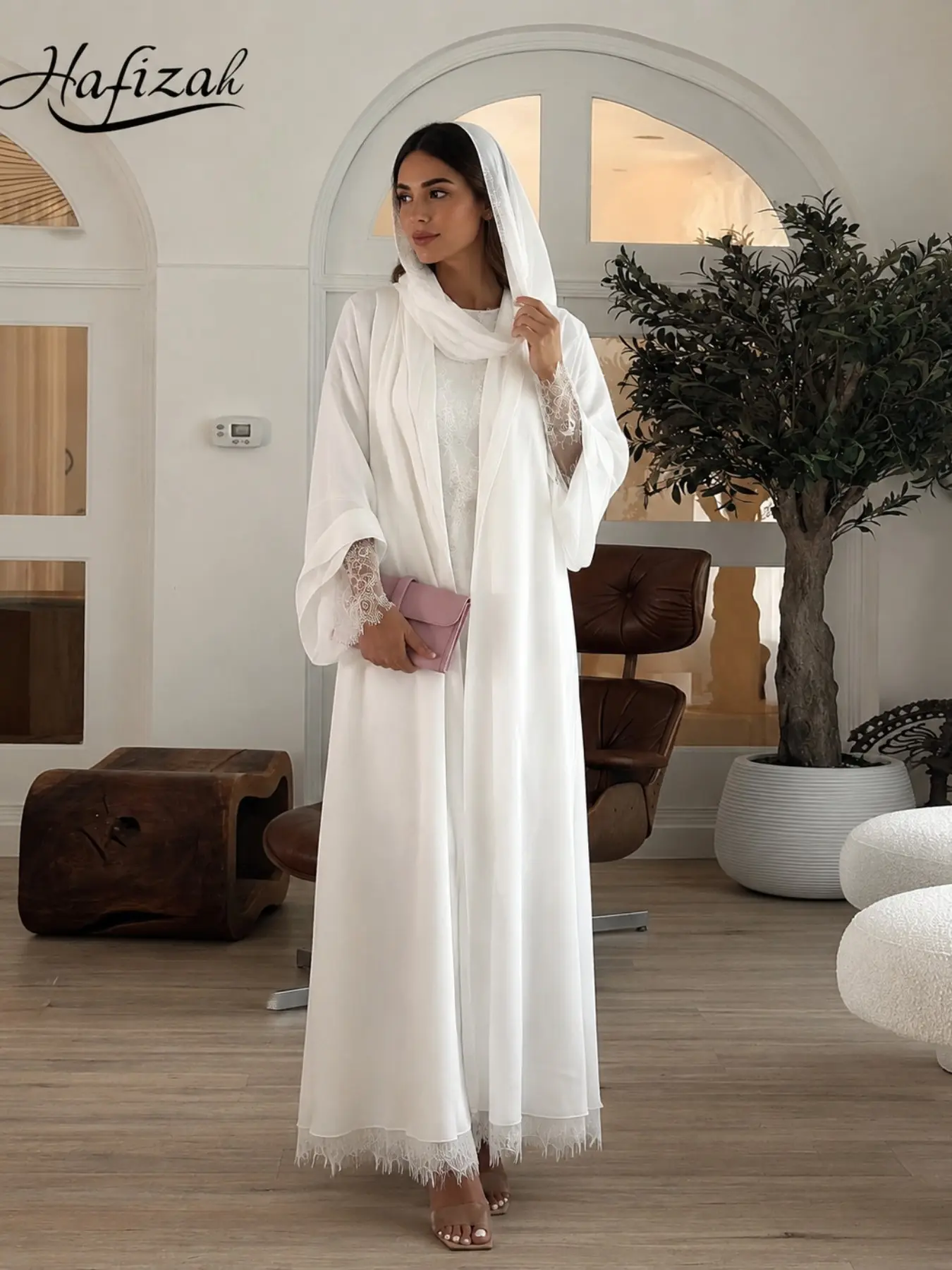 Women's Luxurious Robe Set with Headscarf, Elegant Muslim Long Dress, Lace Sleeve Open Front Abaya, Eid Al Fitr Ramadan Prayer Wear