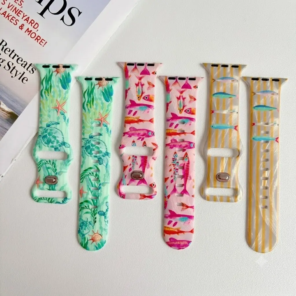 Sea Turtle Fish Watch Bands Compatible With iWatch Bands For Women Men, Soft Silicone Ocean Core Printed Sport Strap For iWatch Series 1-11 Ultra SE 38mm-49mm All Models, Coastal Aesthetic Summer Beach Vacation Wristband