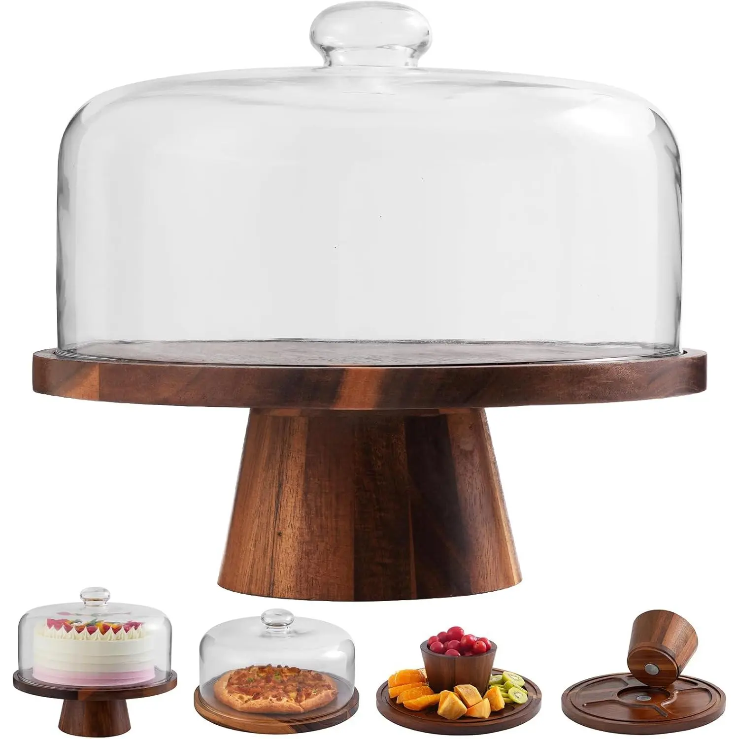 Wood Cake Stand with Glass Lid – 12" Magnetic Base, Detachable Serving Tray for Cake, Cheese, Charcuterie, Snacks & Desserts – Wooden Cake Holder for Parties & Kitchen Display