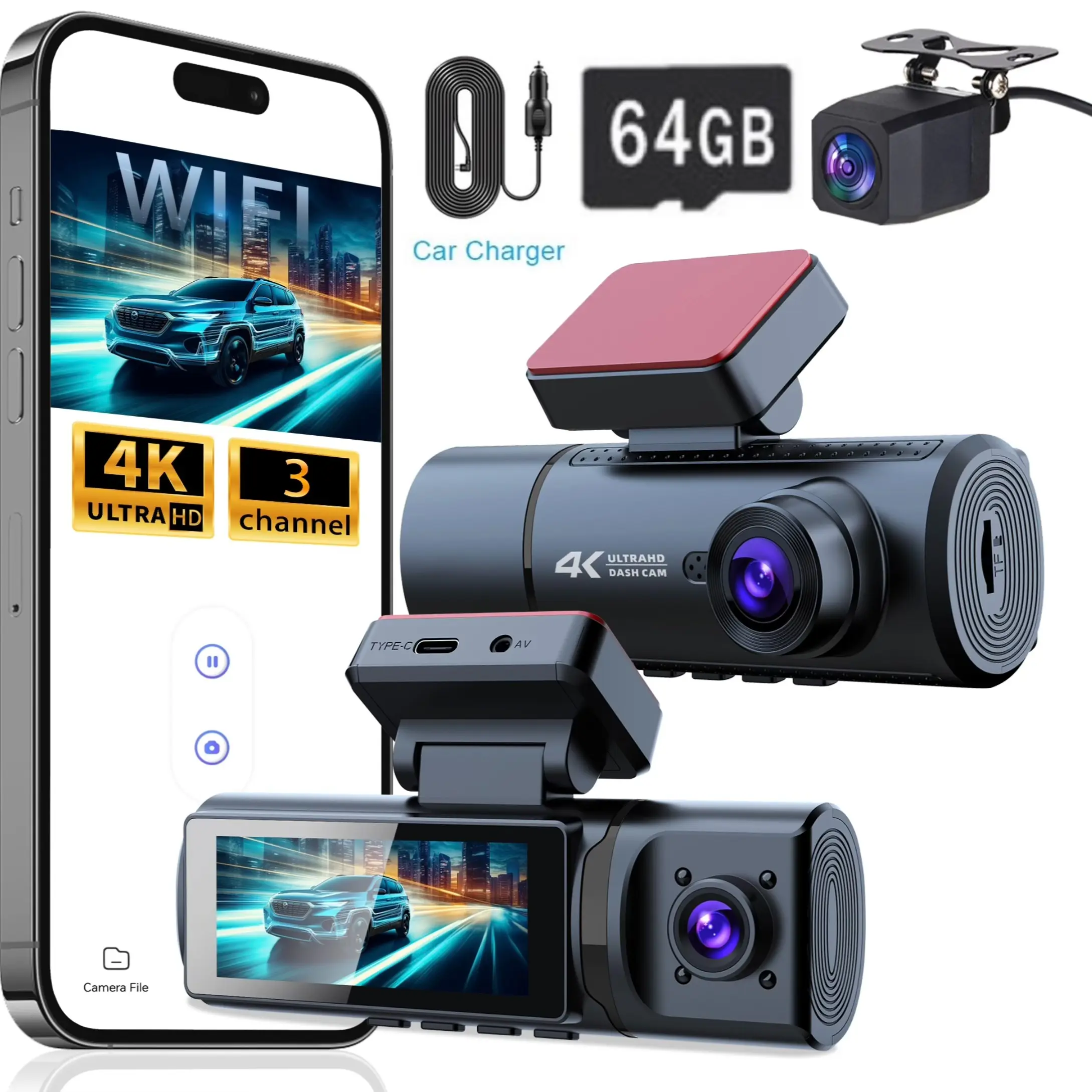 FREE 64G🚗3 Channel 4K Car Dash Cam for Uber Lyft Truckers | WiFi, Superior Night Vision, G-Sensor Crash Lock & Loop Recording🚗 Non-rechargeable, Comes standard with cigarette lighter power supply Car Dash Camera