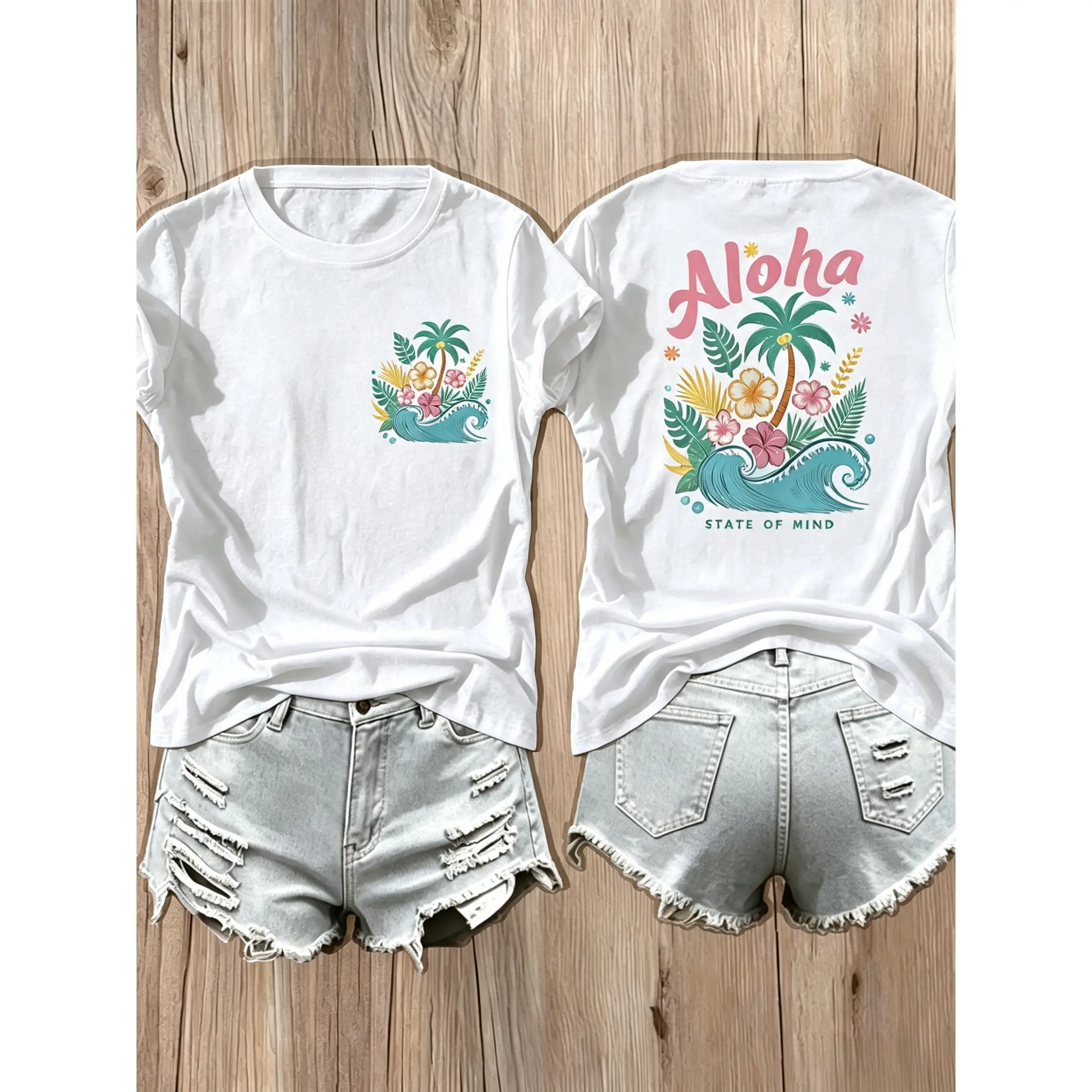 Women' Tropical Aloha T-Shirt - Hawaiian Palm Tree & Flower Print Short Sleeve Suitable for Beach Trips, Casual Streetwear, Loose Fit Breathable Top, Machine Washable for Warm Weather Outfits (Trendy Hawaiian Style)
