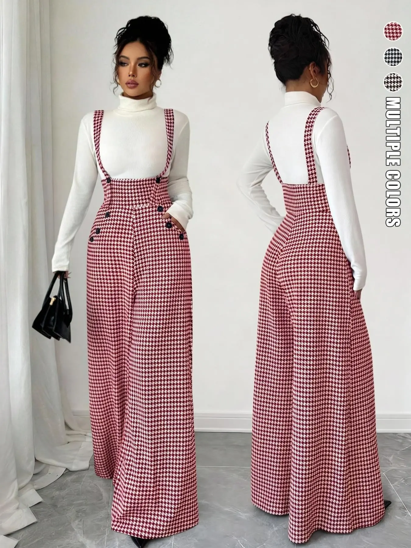 Women's Knitted Houndstooth Print Wide Leg Pants with Front Pockets, Fashionable Elegant Casual Commuter Overalls, All Seasons