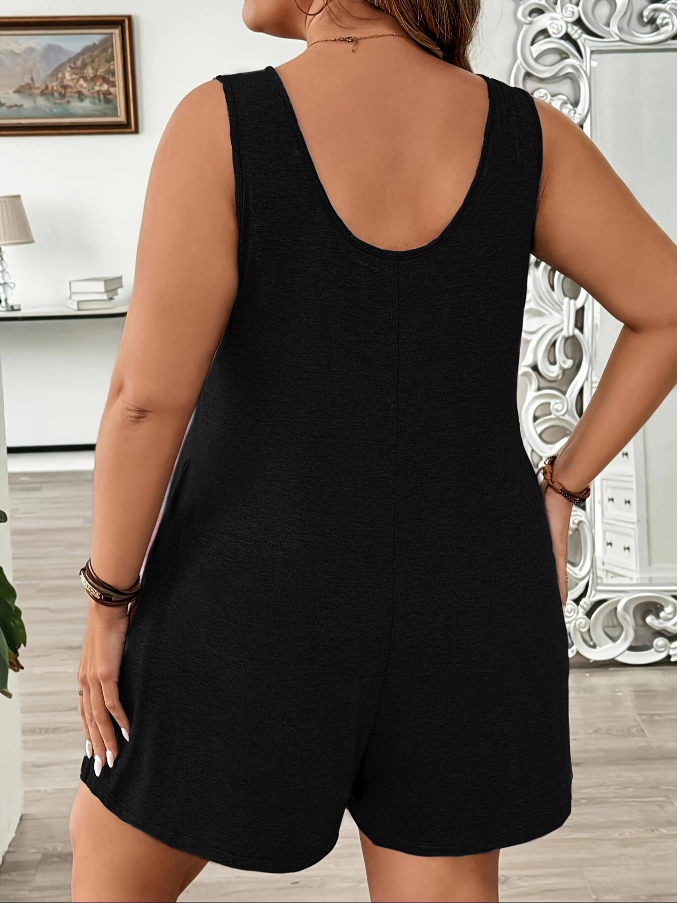 Plus Size Solid Color Sleeveless Fitted Romper, Elegant Casual Romper, Casual Comfy Romper for Summer, Women's Plus Clothing for Daily Wear, Basic, Casual Sleeveless Overalls, Womenswear