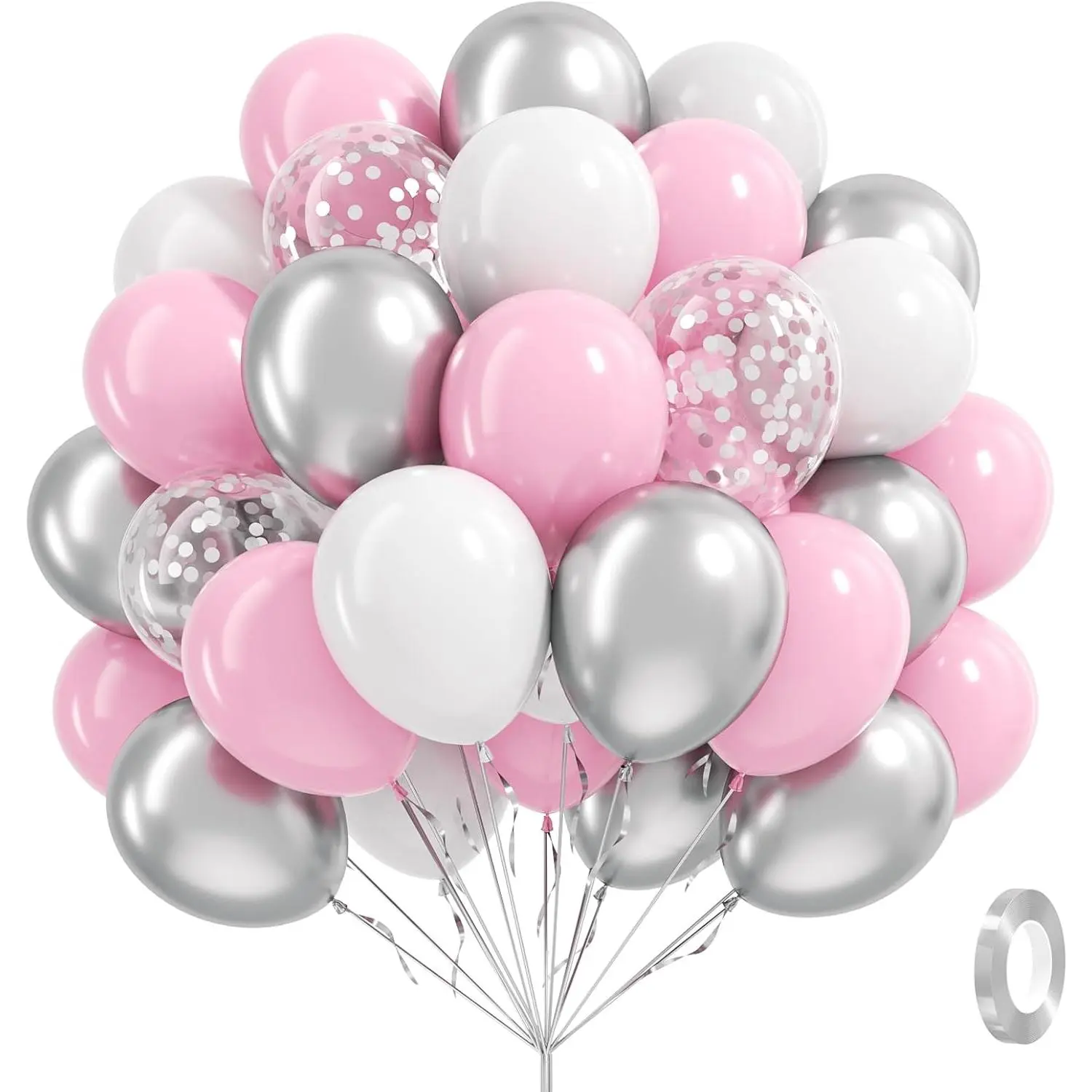 60pcs Pink and Silver Balloons 12inch with Pink White Silver Confetti Balloons for Graduation Shower Birthday Party Decorations
