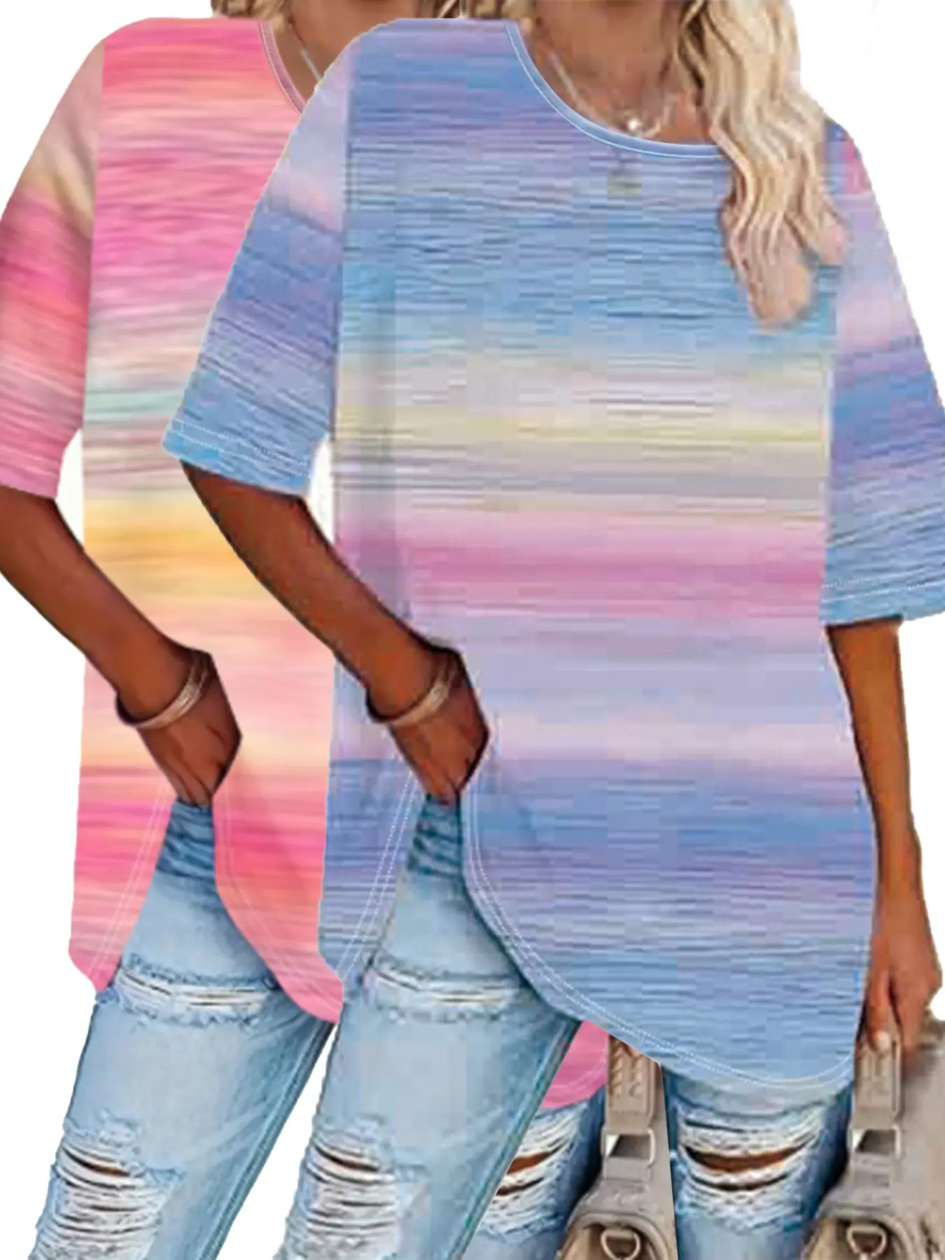 Women's Color Block Rainbow Striped Loose-Fitting Short Sleeve Top Set Shirts, Spring Summer Fashion, 2-Piece Combo, Casual Belted Blouse