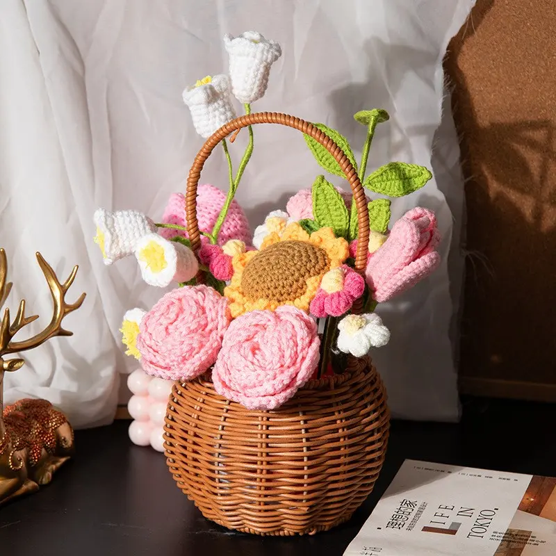 Handmade Crochet Flower Bouquet, Tulip Rose Knitted Flower Basket, Teacher Thank You Birthday Graduation Mother's Day Gift, Fashion Decorative Item