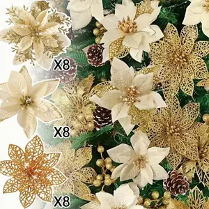 6-24Pcs 15cm Artificial Christmas Flowers with Clips Stems, Xmas Tree Ornaments Glitter Flower for Garland New Year Party Decor