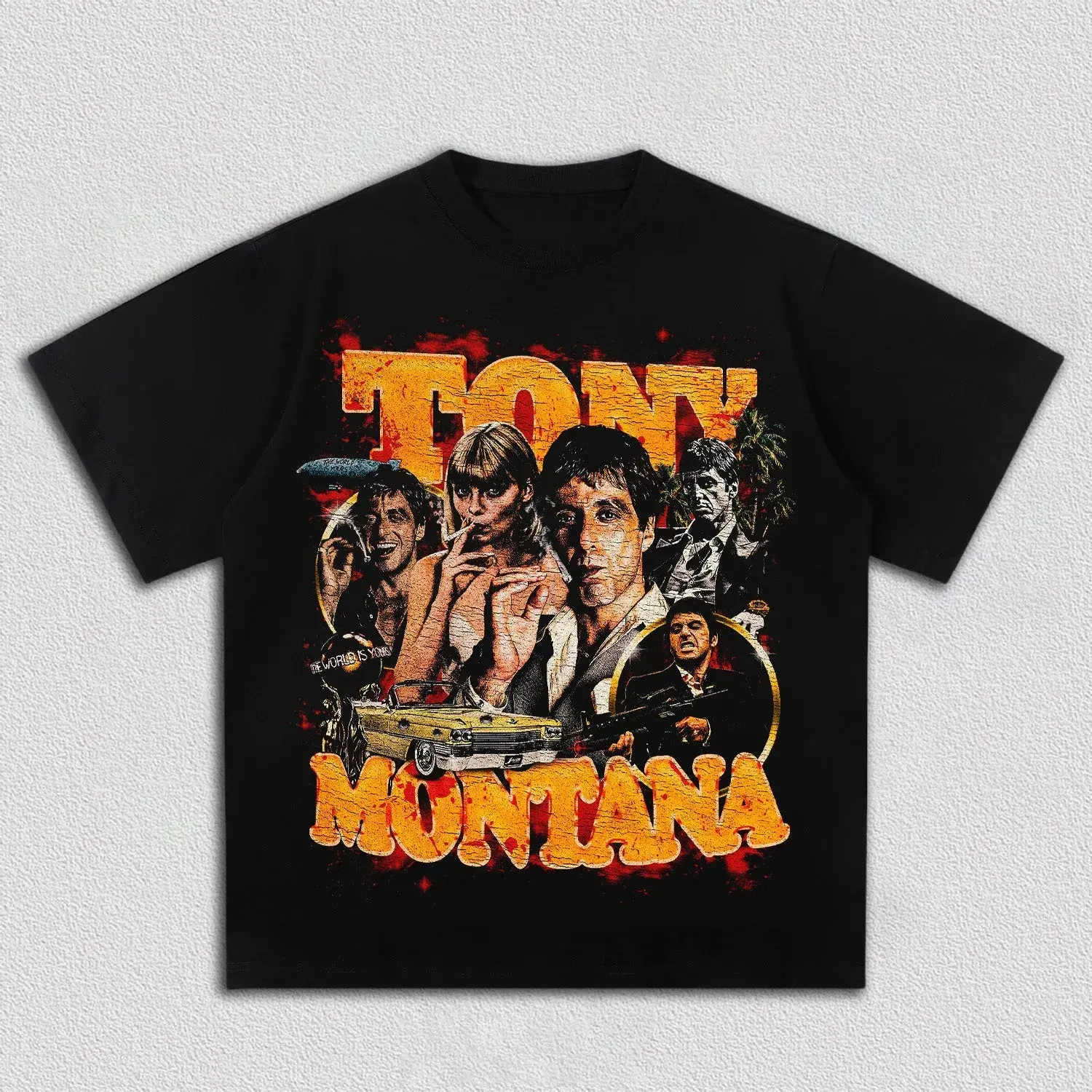 Vintage Bootleg Tony Montana Scarface Collage Portrait Graphic Tee, Cracked Orange Letter Retro Blood Splash Print, Heavyweight Boxy Oversized Unisex Black Cotton T-Shirt, Classic Movie Gangster Streetwear For Fans Hip Hop Daily Outfits