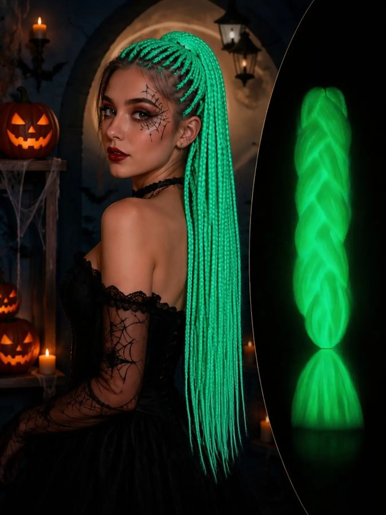 Luminous Hair Strands 24-inch Blue Green Braided Hair Strands Pre-stretched Colorful Hair Extensions Braided Hair with Glowing Large Coils Special for Children and Girls, Suitable for Halloween and Music Festivals as an Exclusive Hairstyle