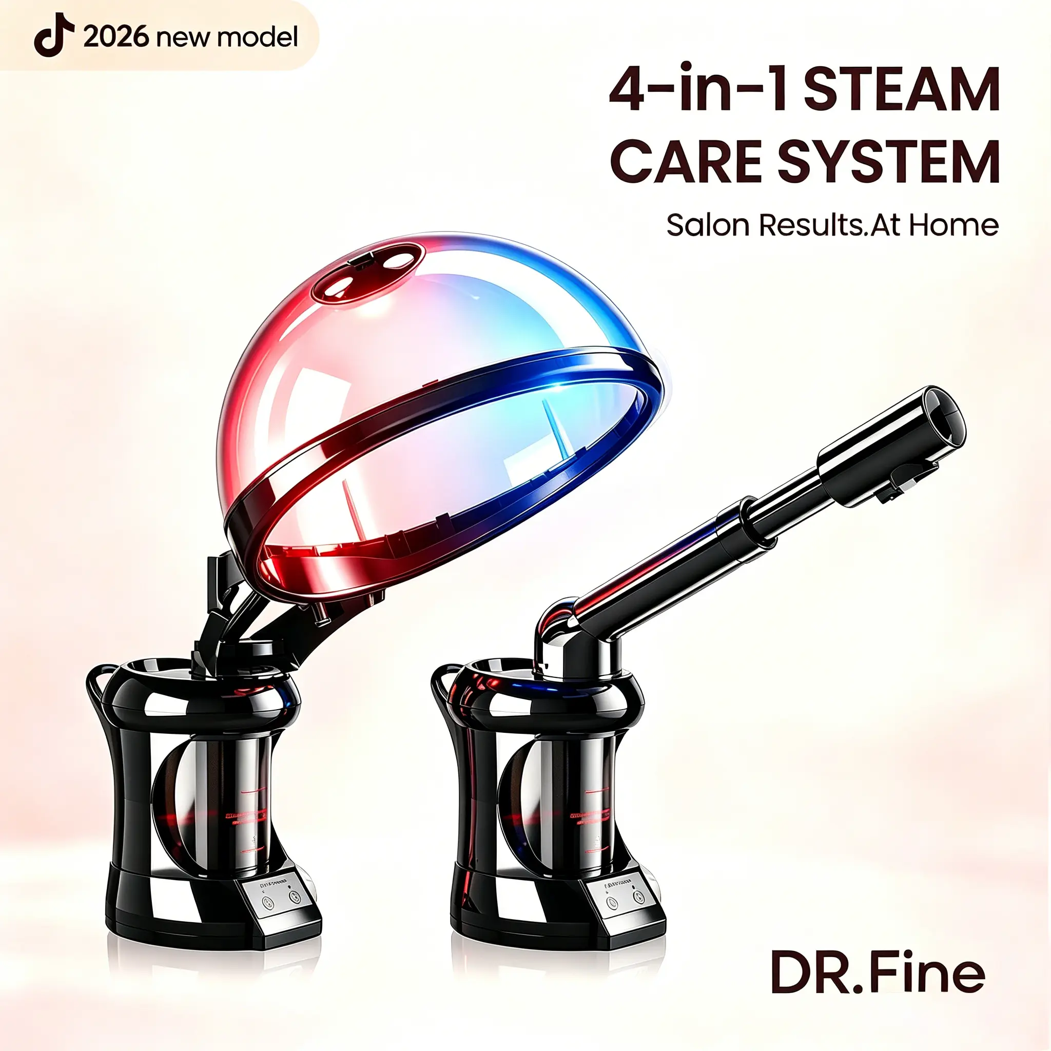 DRFINE 4 in 1 Hair Steamer for Natural Hair & Ozone Facial Steamer |  Red & Blue Light Therapy | EU Plug - Wire | 4-in-1 hair and facial steamer for deep conditioning natural hair and daily skincare,for Personal Care Use at Home or Salon