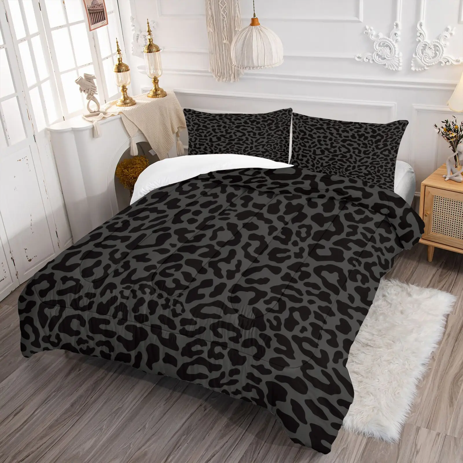 Solid Dark Grey Black Leopard Print 2/3Pcs Comforter Set, Classic Leopard Spotted Bedding Set--1 Comforter + 1/2 Pillowcases, U-Shaped Quilted Soft All Season Quilt Insert for Bedroom Dorm Dark Minimalist Decor Housewarming Gift