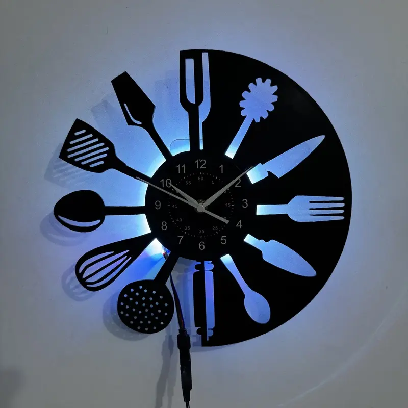 LED Vinyl Record Wall Clock, Kitchen Cooking Tools Spoon Fork Whisk Knife Silhouette Silent Non-Ticking Quartz Wall Watch, Kitchen Clock, Kitchen Decor and Accessories, Wall Decorations for Home Kitchen Cafe Living Room, Vintage Vinyl Decor, Timeless Gift