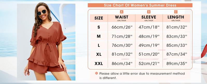 Danedvi Womens V Neck Beach Romper Ruffle Layered Drawstring Waisted Shorts Jumpsuit Dress Tops