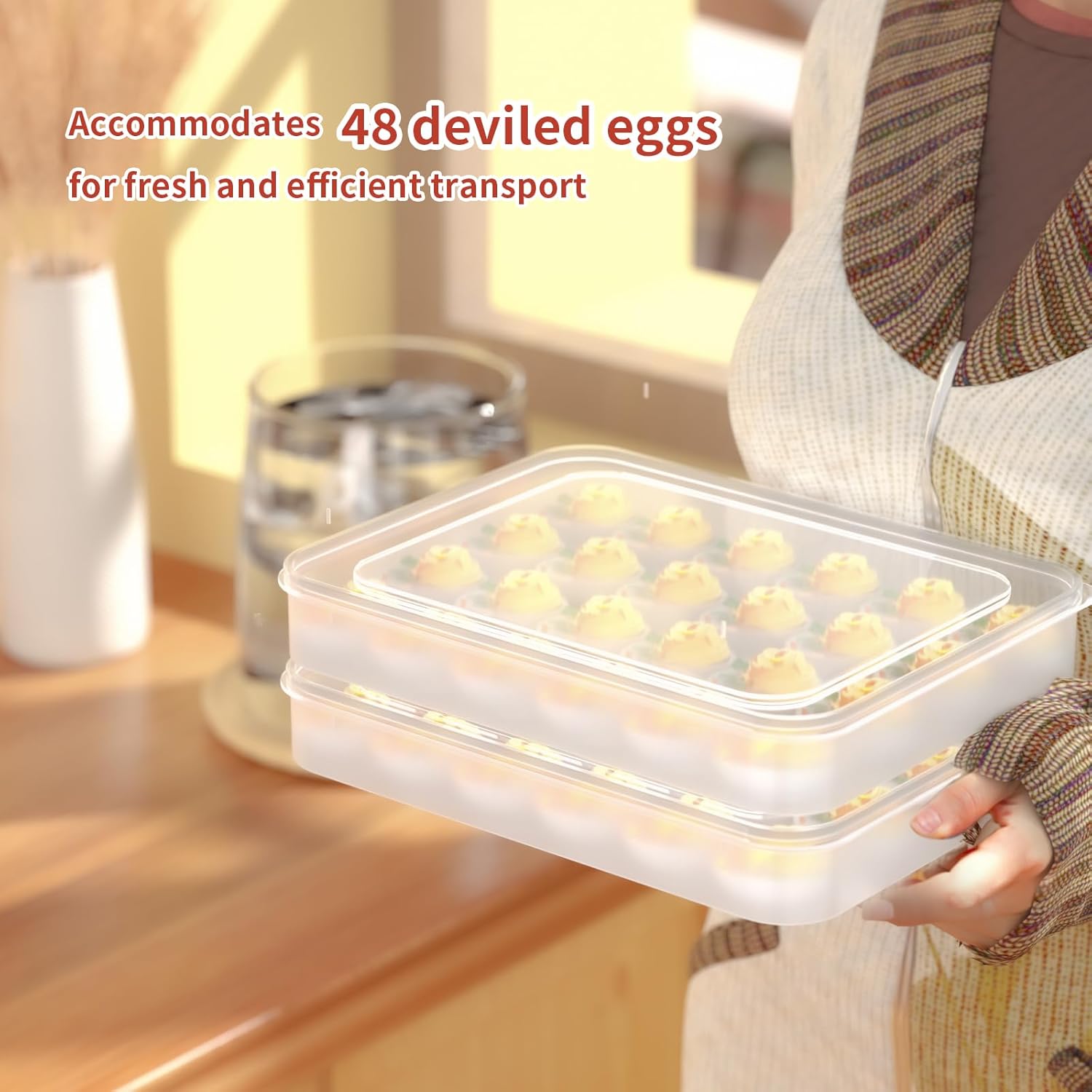 Deviled Egg Containers with Lid, (Set of 2), Plastic Egg Platter for 48 Devil Eggs, Clear Storage Deviled Egg Carrier, Fridge Stackable Countertop Portable Egg Tray