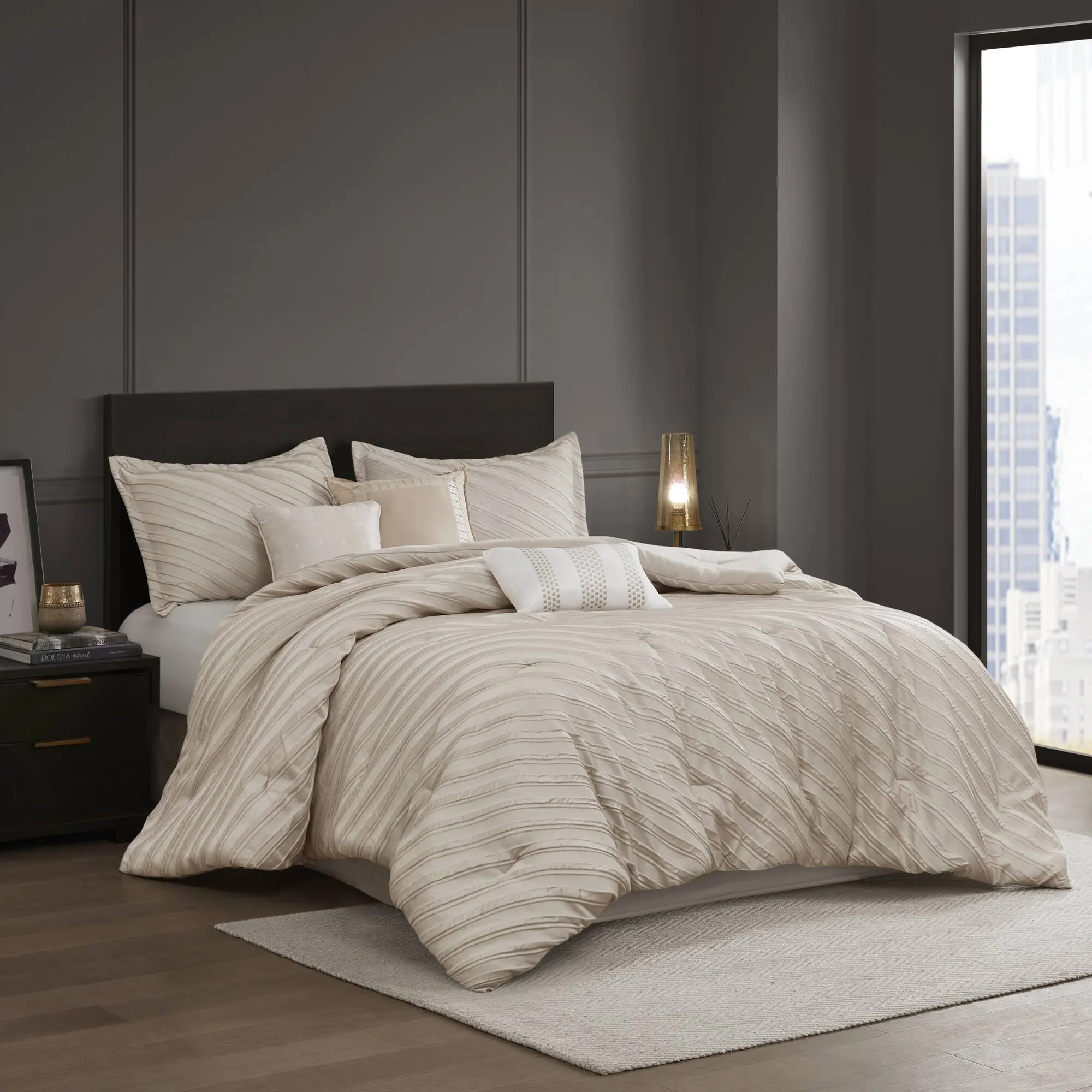 Nokaa 7-Piece Queen Comforter Set Beige Jacquard Bedding Ensemble with Shams, Decorative Pillows & Bed Skirt, All-Season Polyester Bed Set for Bedroom, Guest Room, Dorm