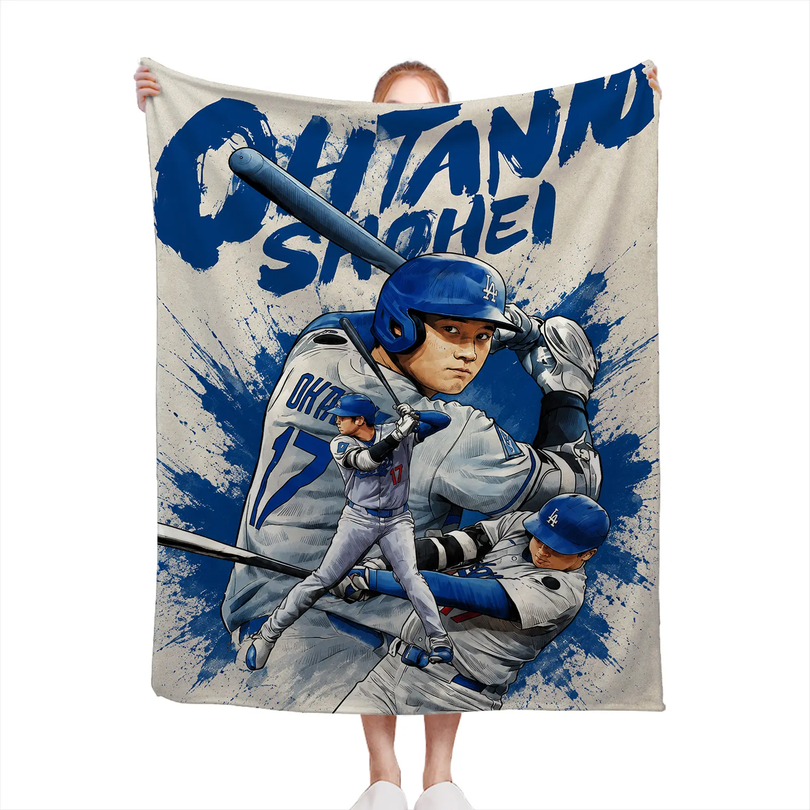 Shohei-Ohtani Soft Cozy Throw Blanket Polyester Fabric Blue Ohtani Shohei Baseball Player Art Print Digital Print Design For Living Room Bedroom Sofa Couch Sports Fan Gift