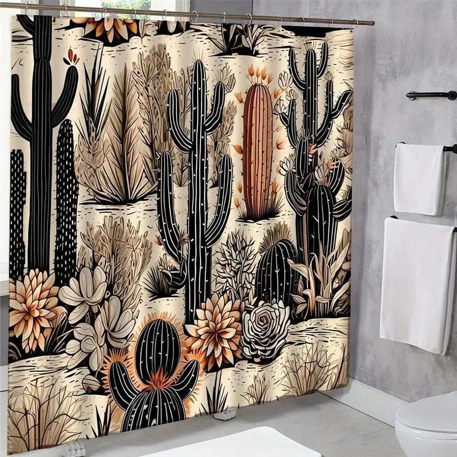 Rustic Desert Cactus Shower Curtain Southwestern Desert Landscape Design With Saguaro Cacti & Wildflowers, Beige/Brown/Black/Brown Retro Bathroom Shower Curtains With Hook Lightweight Bathroom Curtain Decor