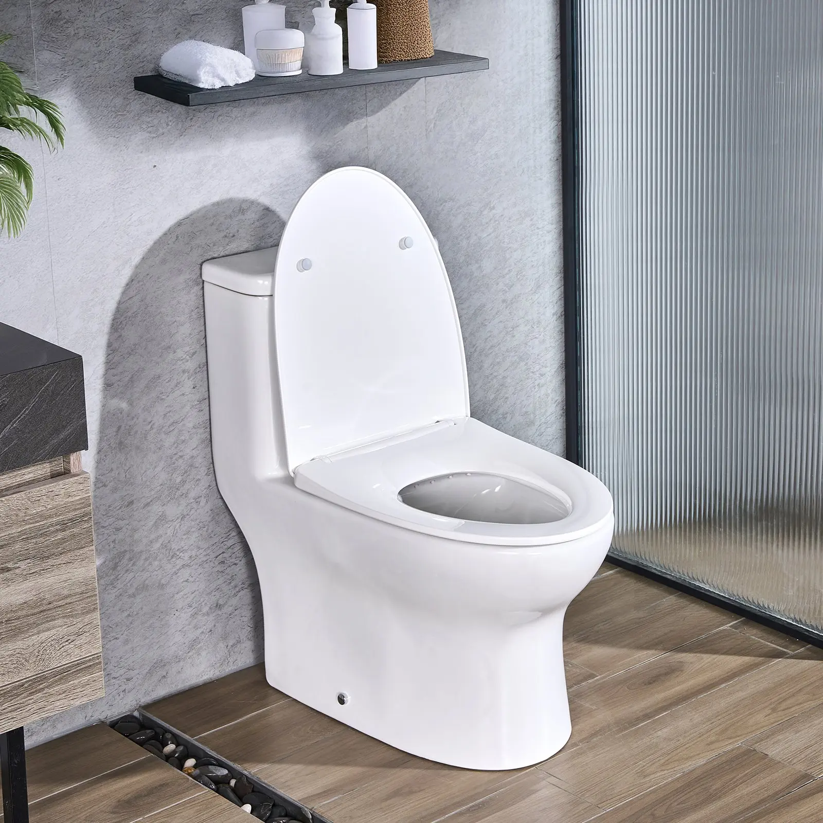 VEVOR One-Piece Toilet, Elongated Toilet Vortex Dual-Flush 1.0/1.28 GPF, Toilets for Bathroom with Comfortable Chair Seat, Standard Height, 12 inch Rough-In, White+ Silver, Easy-Clean Skirted Design