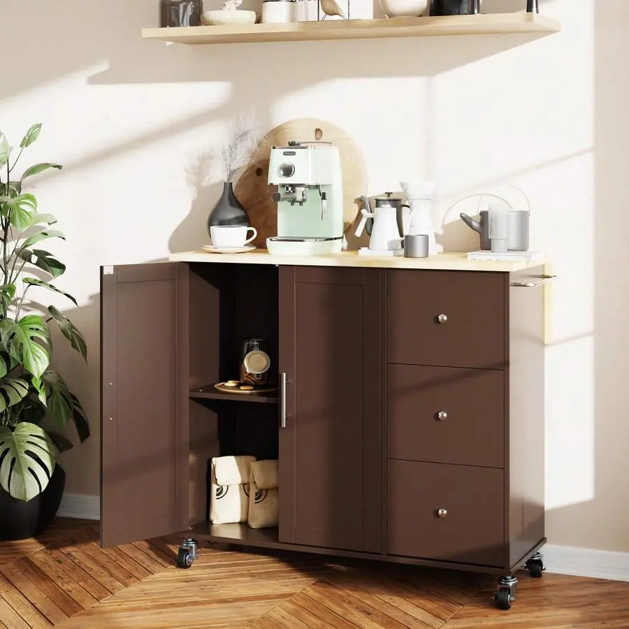 Island With Storage, Island On Wheels With Drop Leaf, Open Spice Rack Shelf, Door Cabinet, Drawer, Cart Island Table