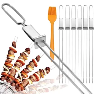 7 PCS Kabob Skewers for Grilling, Metal Skewer for Kabobs with Slider, Double Pronged Flat BBQ Skewer Stainless Steel, 13" Shish Kabob Grill Skewers & Ideal Kabob Sticks for Meat Shrimp Chicken Veggie, Reusable, BBQ Accessories