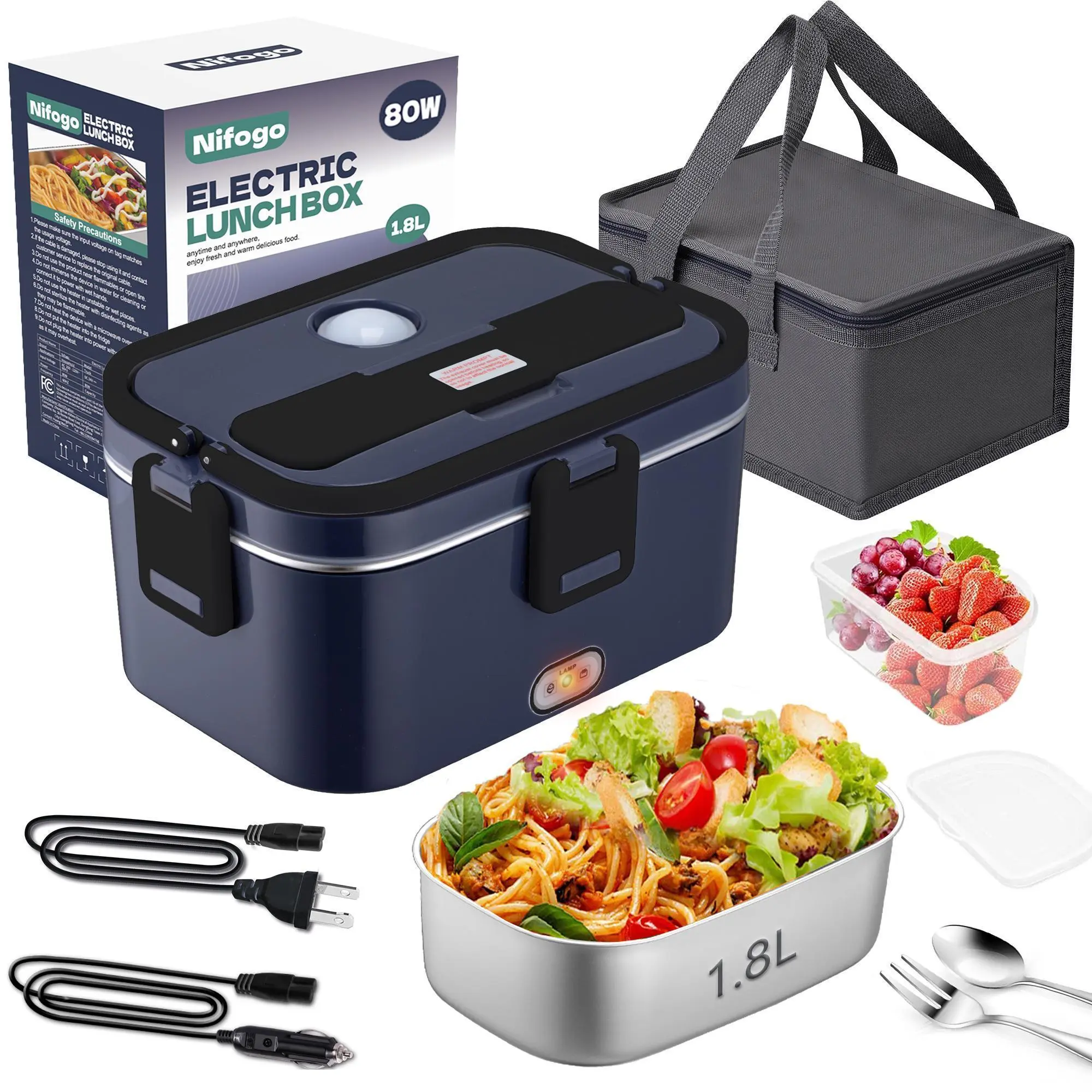 Stylish Heated Lunch Box - Black Square Digital Display, 80W High Power, 1.8L Food Grade Stainless Steel Bento, Multi Voltage 12V-24V-110V, Portable Sealed, User-Friendly, with Carrying Bag for Office, Outdoor Camping
