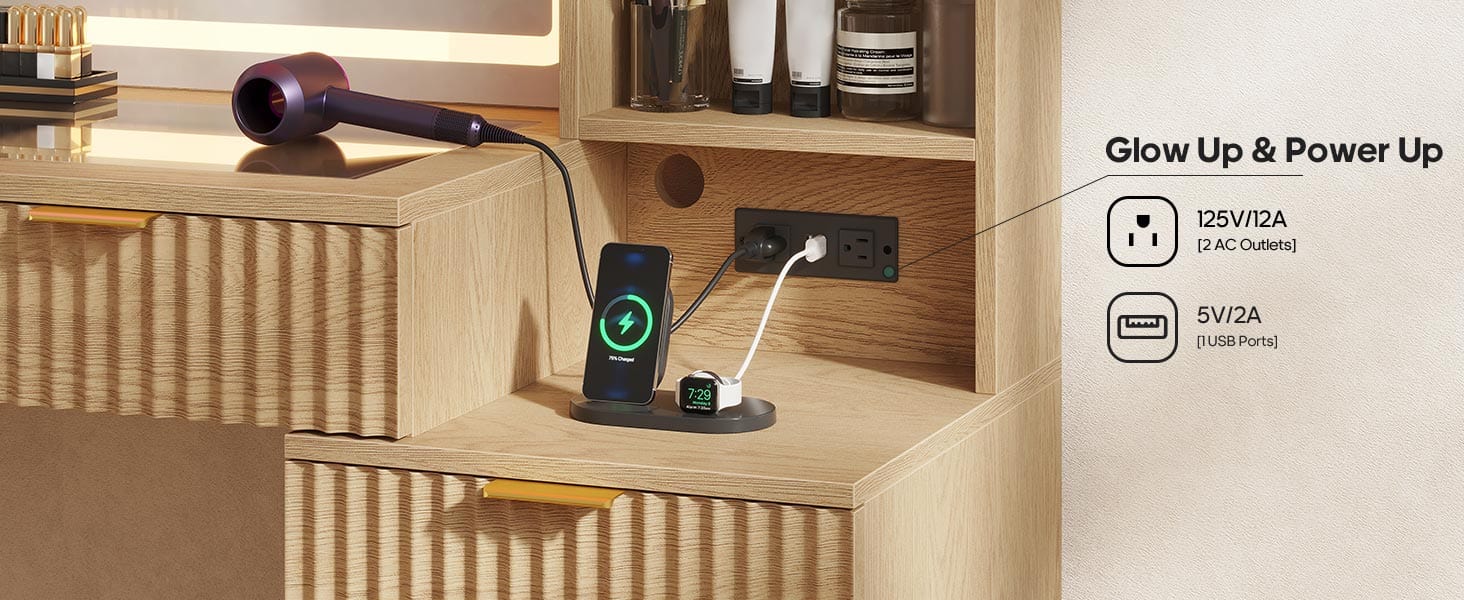 Fluted Makeup Vanity with Sync Music LED Lights and Glass Top Natural Oak